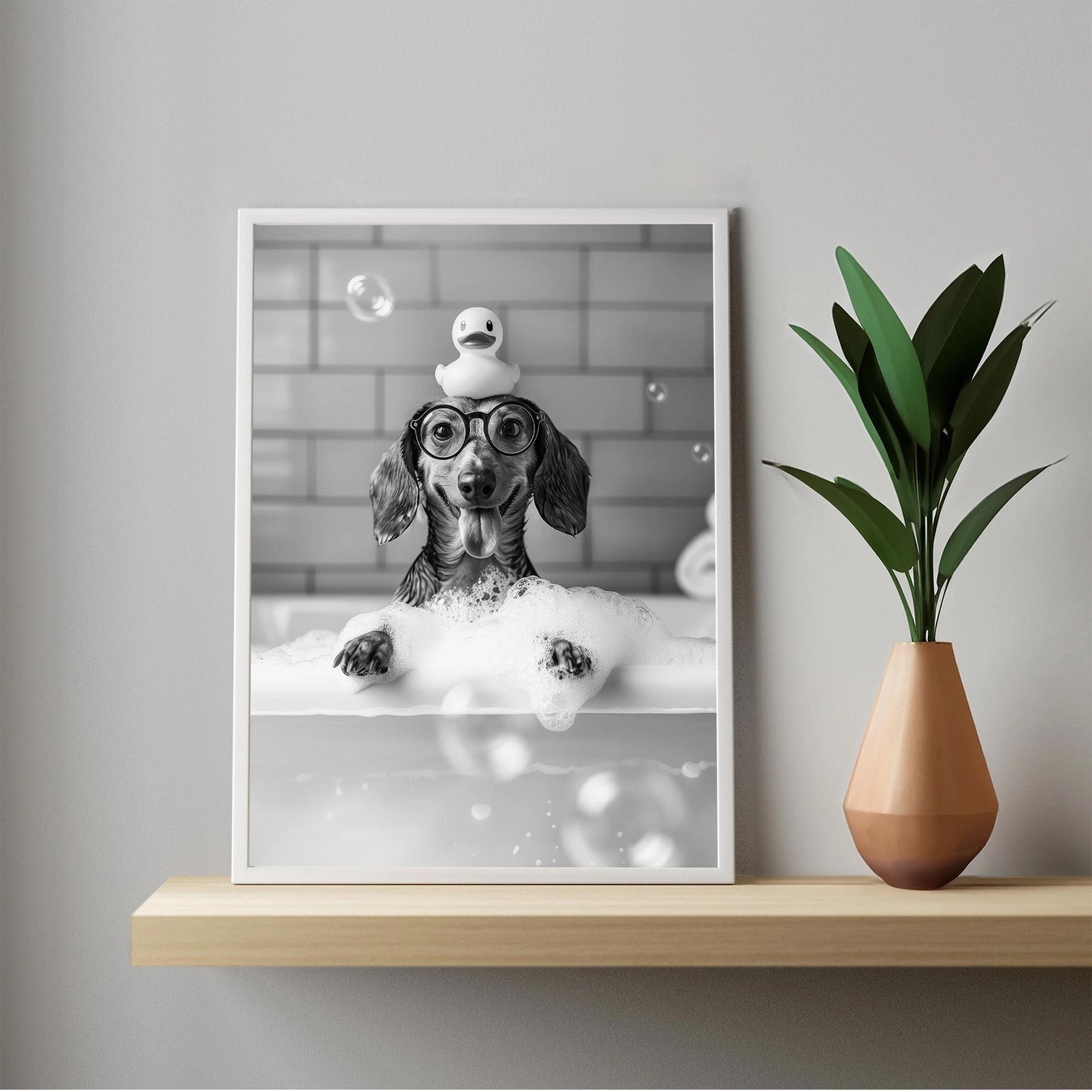 Dachshund Bath Wall Art Wiener In Bathtub Poster, Funny Dog Art, Bathroom Wall Decor - Black and White Print