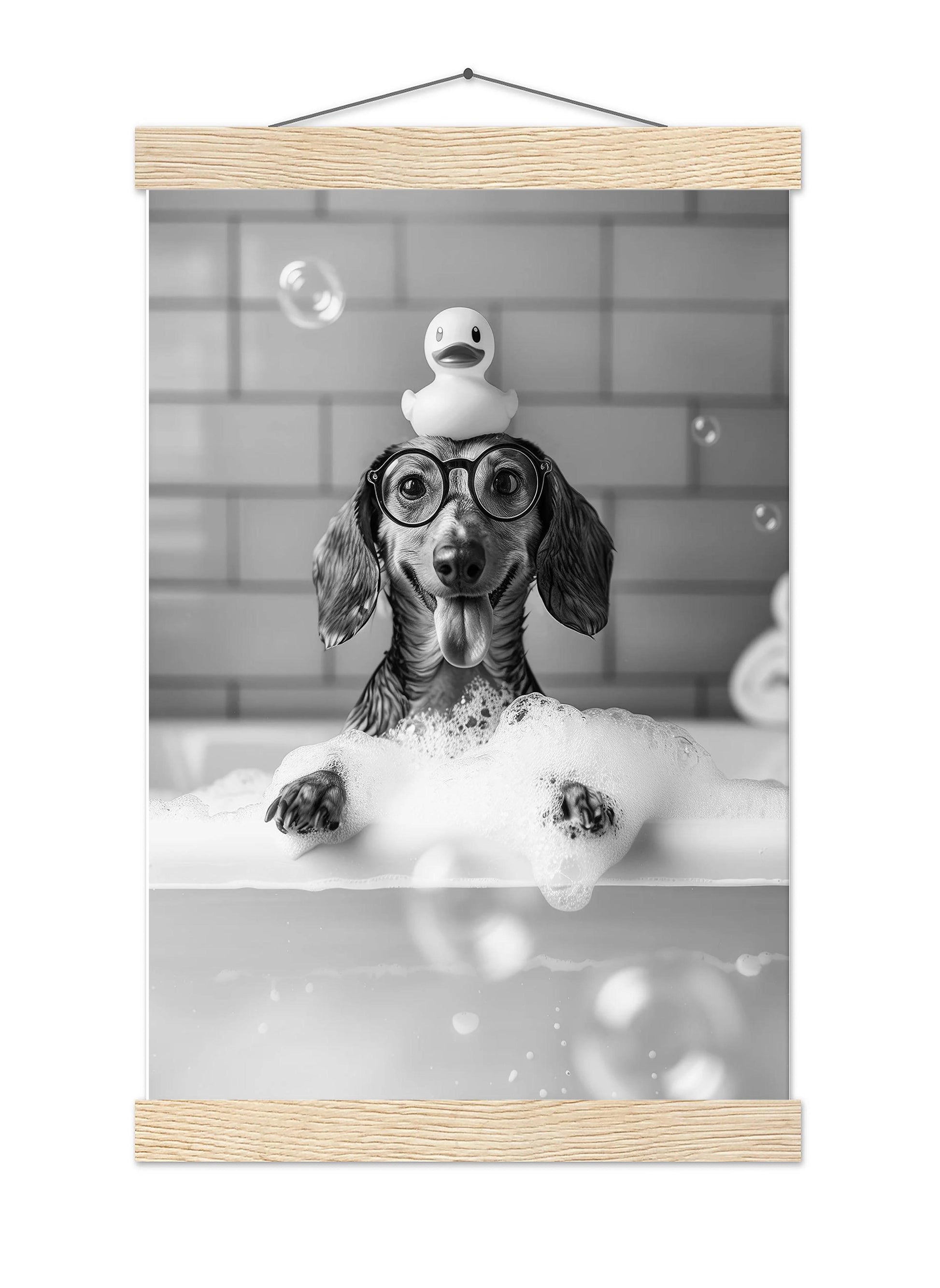 Dachshund Bath Wall Art Wiener In Bathtub Poster, Funny Dog Art, Bathroom Wall Decor - Black and White Print