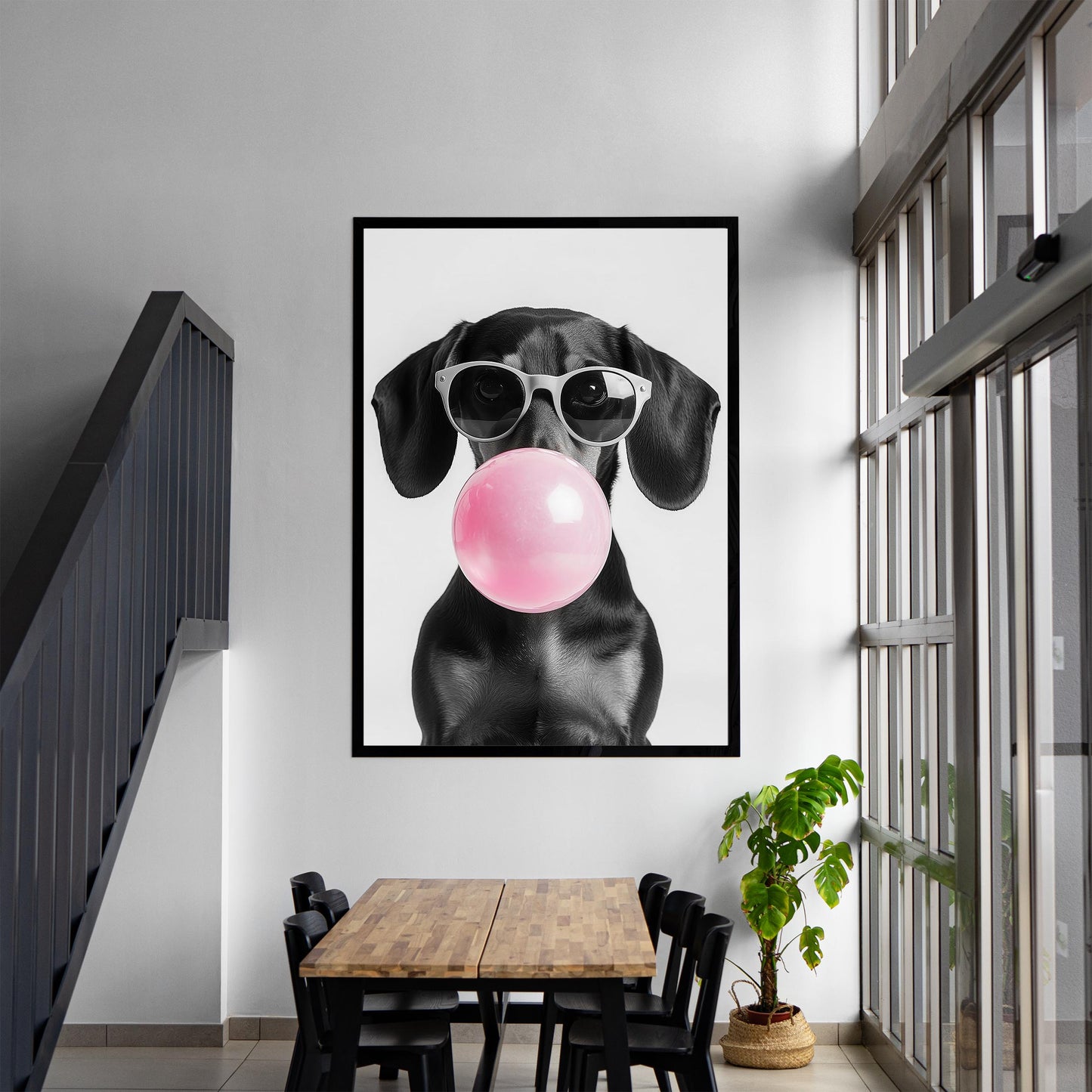 Dachshund Bubble Gum Wall Art Funny Black Wiener Print, Trendy Doxie Poster, Pop Art Dog Portrait, Black and White Decor_