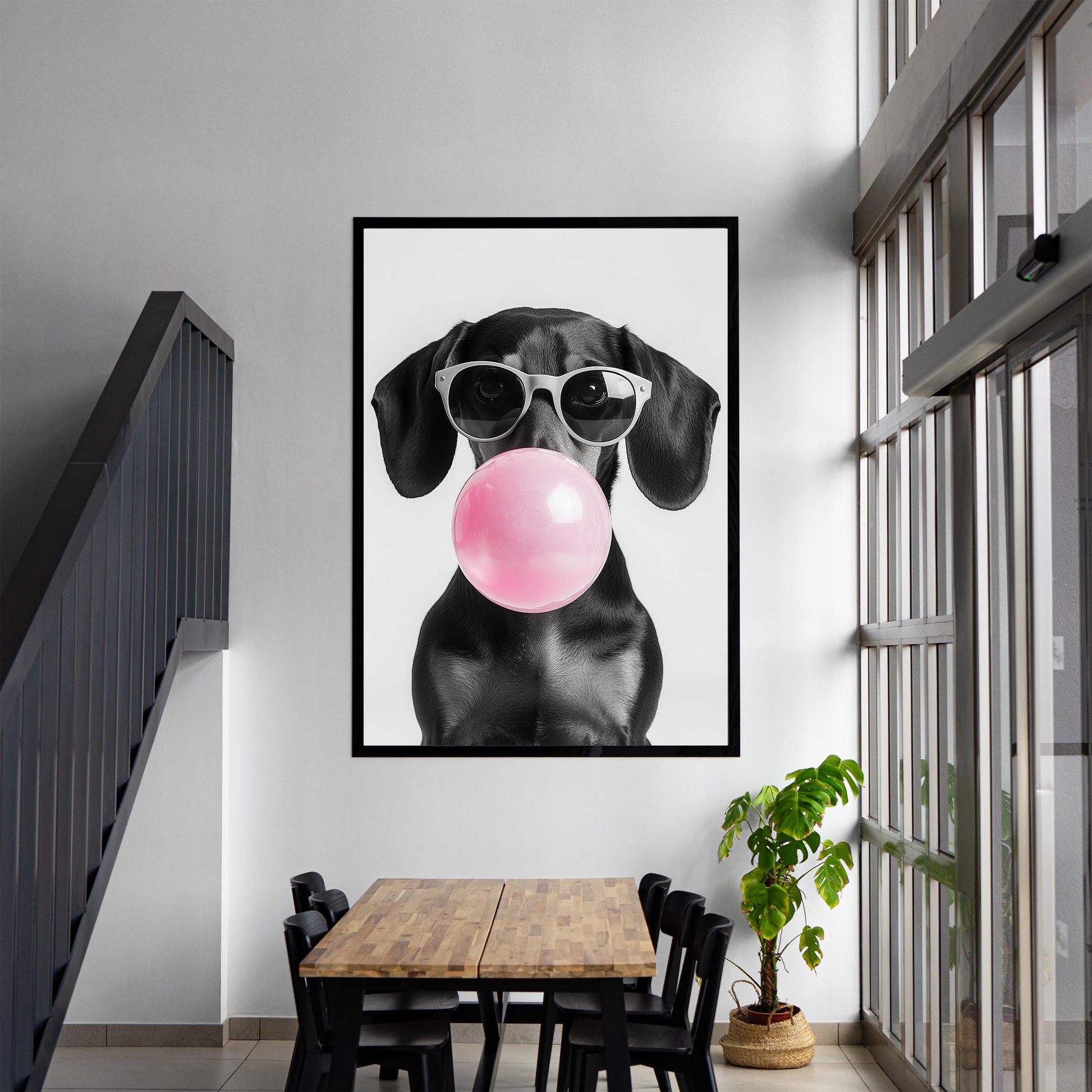 Dachshund Bubble Gum Wall Art Funny Black Wiener Print, Trendy Doxie Poster, Pop Art Dog Portrait, Black and White Decor_
