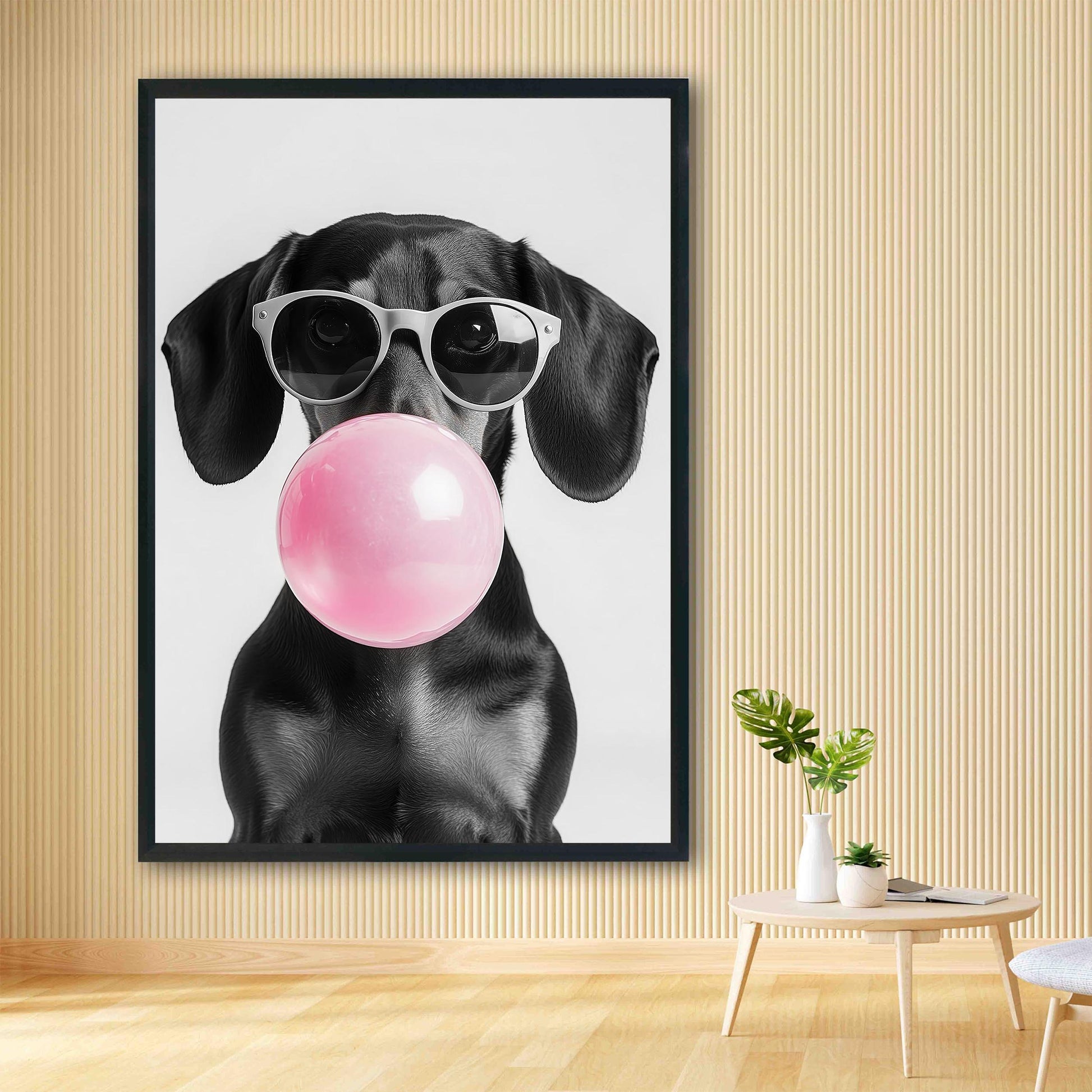 Dachshund Bubble Gum Wall Art Funny Black Wiener Print, Trendy Doxie Poster, Pop Art Dog Portrait, Black and White Decor_
