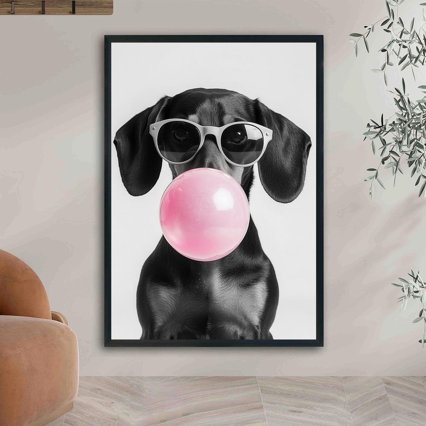 Dachshund Bubble Gum Wall Art Funny Black Wiener Print, Trendy Doxie Poster, Pop Art Dog Portrait, Black and White Decor_