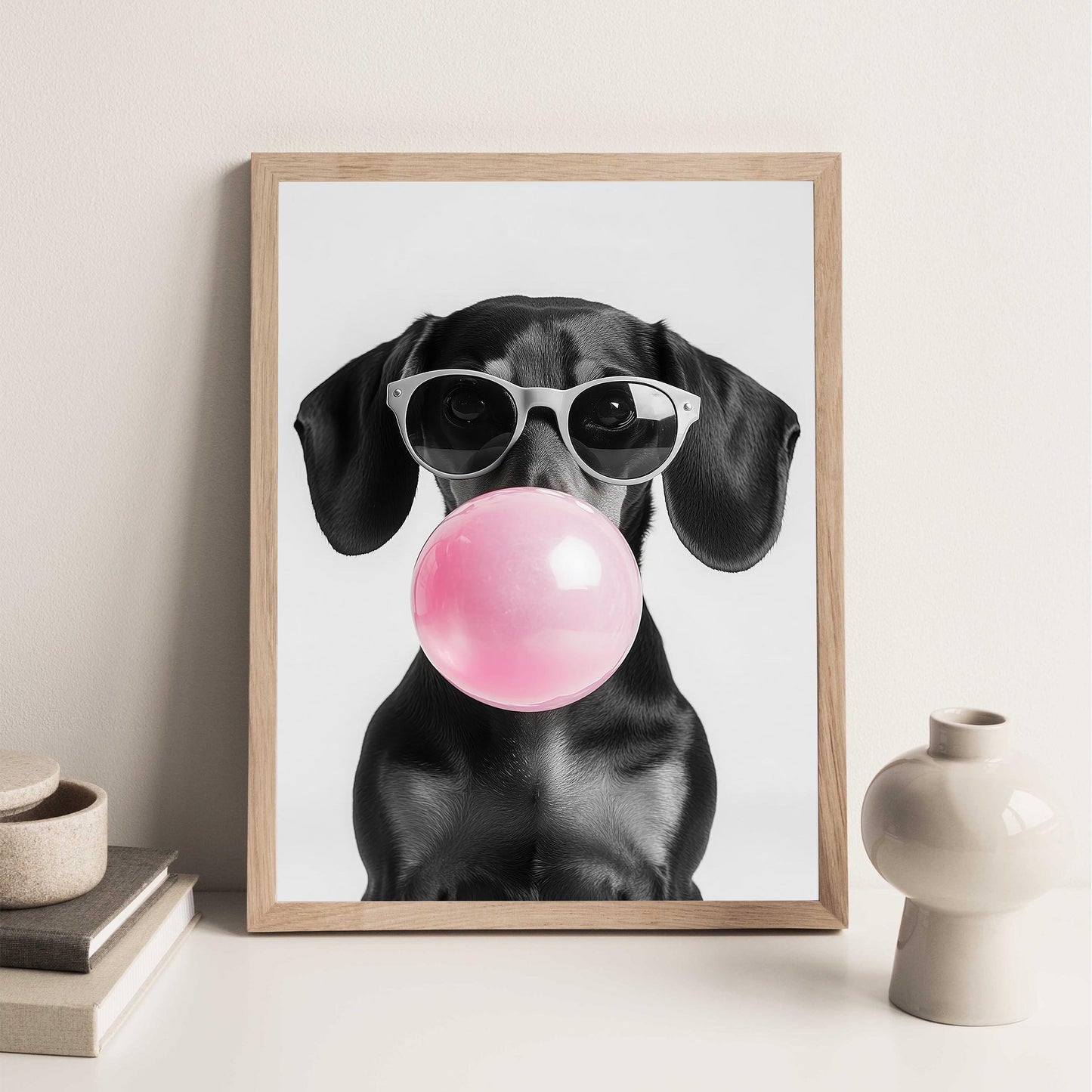 Dachshund Bubble Gum Wall Art Funny Black Wiener Print, Trendy Doxie Poster, Pop Art Dog Portrait, Black and White Decor_