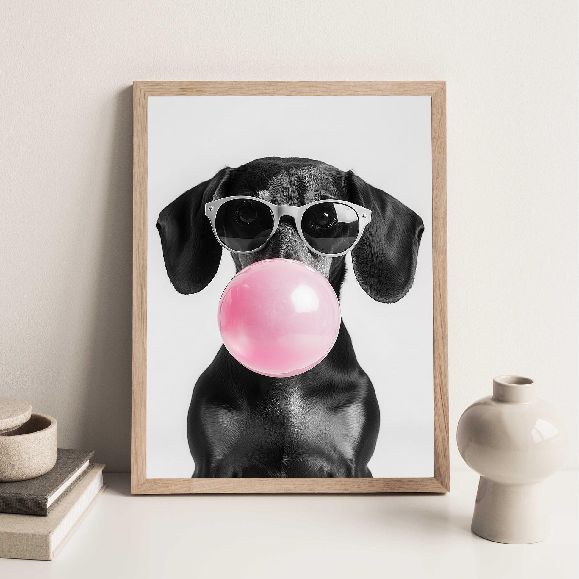 Dachshund Bubble Gum Wall Art Funny Black Wiener Print, Trendy Doxie Poster, Pop Art Dog Portrait, Black and White Decor_
