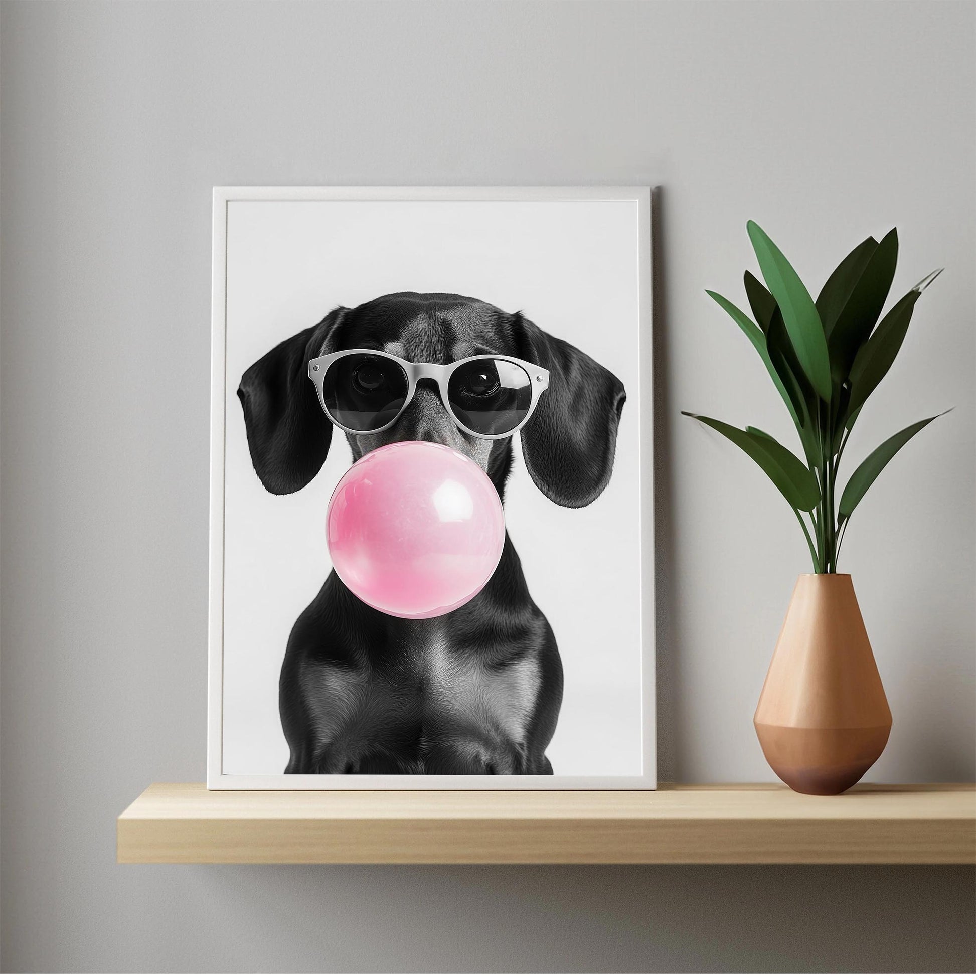 Dachshund Bubble Gum Wall Art Funny Black Wiener Print, Trendy Doxie Poster, Pop Art Dog Portrait, Black and White Decor_