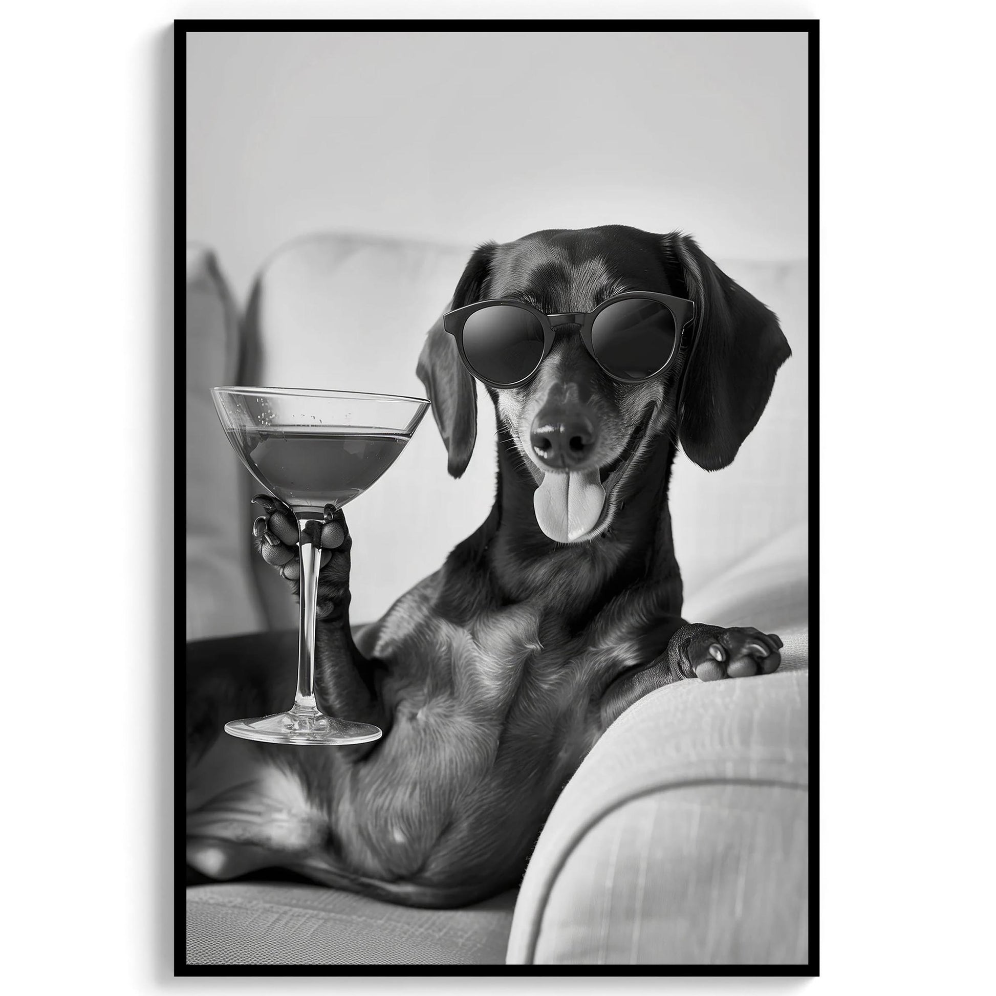 Dachshund Cocktail Print Funny Dog Martini Poster, Wiener Bar Cart Decor - Black and White Wall Art