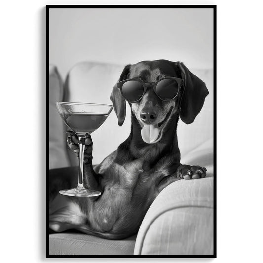 Dachshund Cocktail Print Funny Dog Martini Poster, Wiener Bar Cart Decor - Black and White Wall Art
