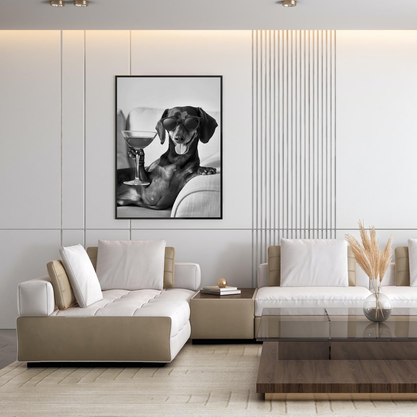 Dachshund Cocktail Print Funny Dog Martini Poster, Wiener Bar Cart Decor - Black and White Wall Art