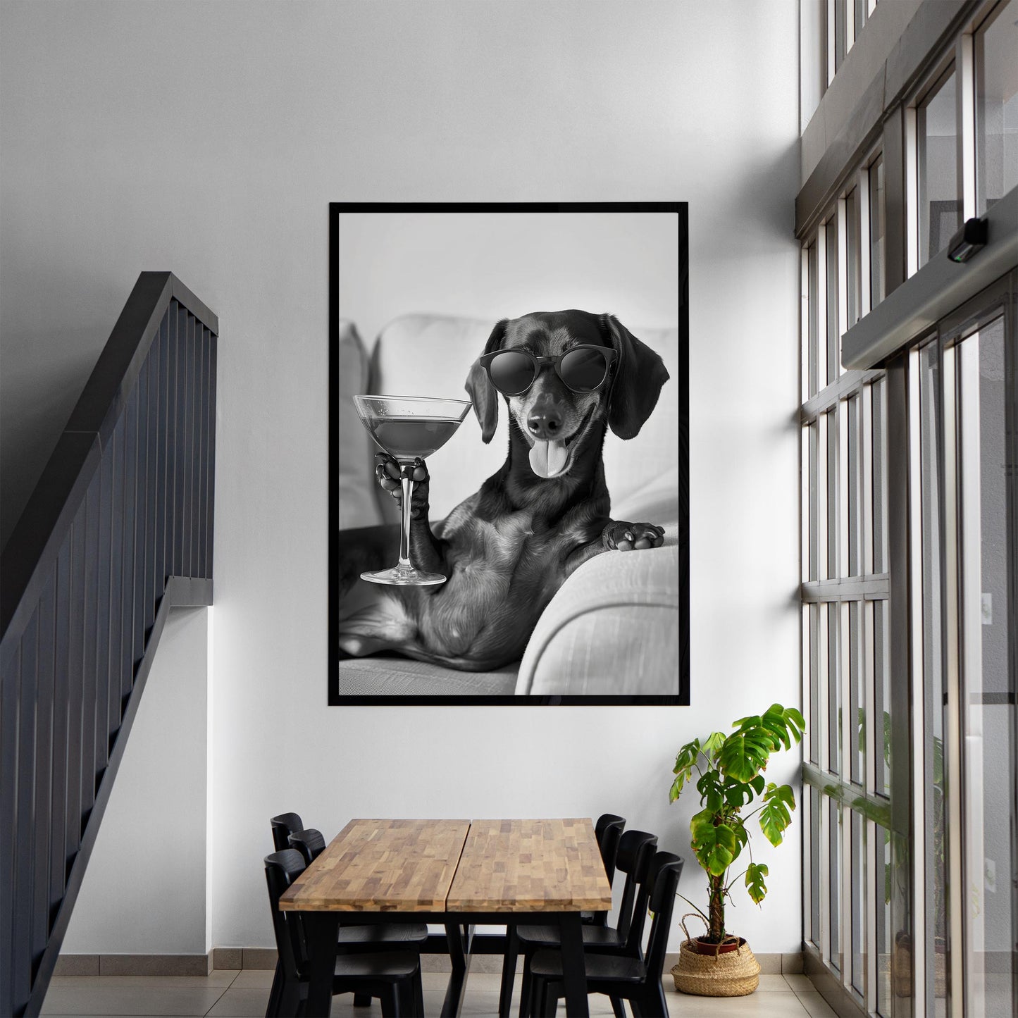 Dachshund Cocktail Print Funny Dog Martini Poster, Wiener Bar Cart Decor - Black and White Wall Art