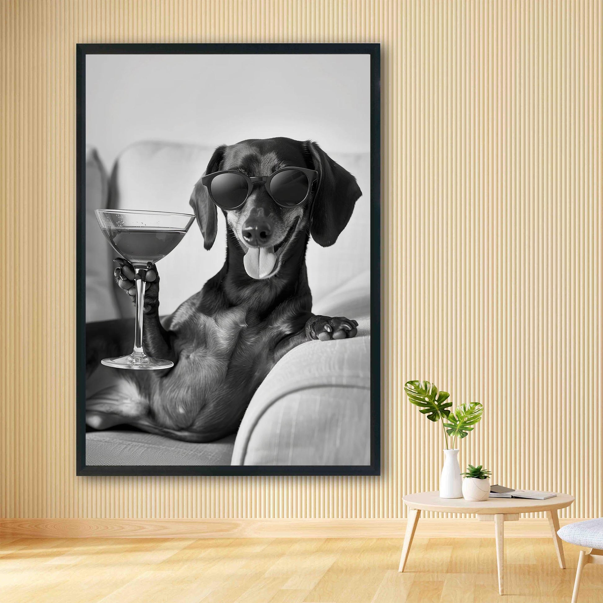 Dachshund Cocktail Print Funny Dog Martini Poster, Wiener Bar Cart Decor - Black and White Wall Art