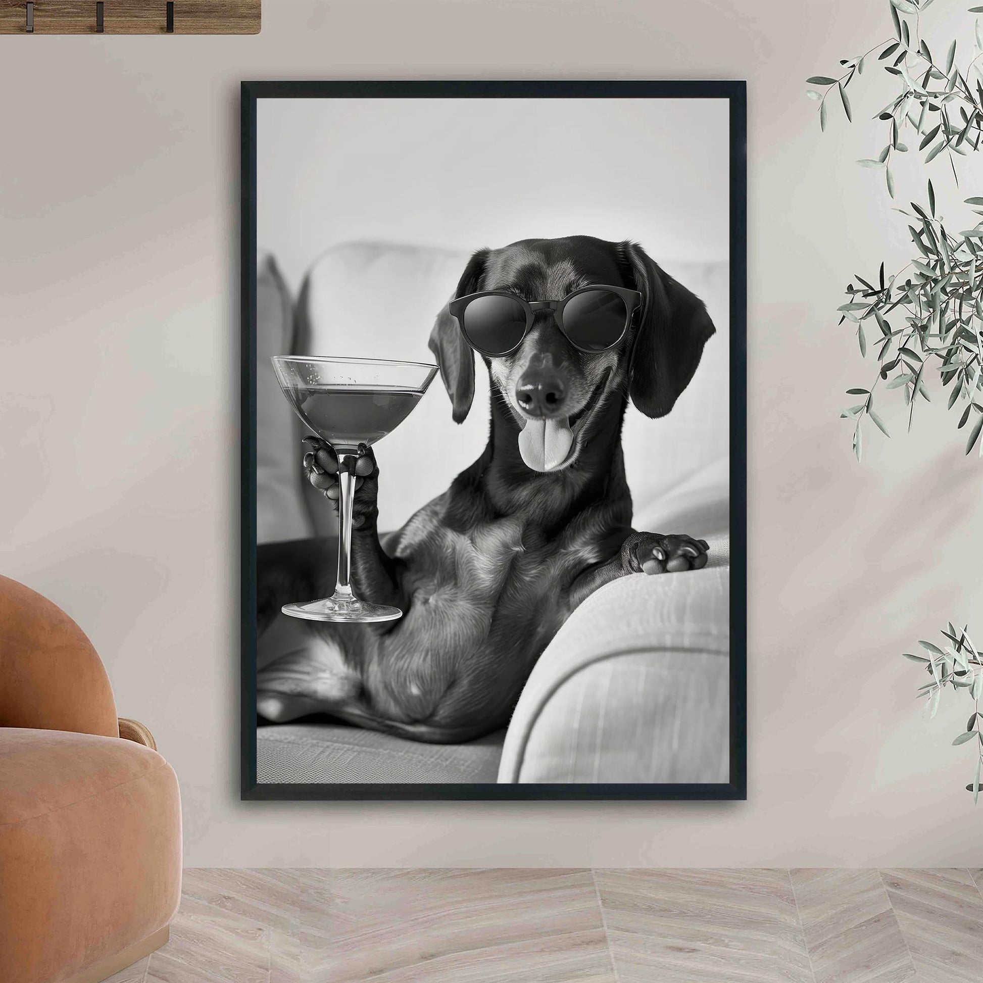 Dachshund Cocktail Print Funny Dog Martini Poster, Wiener Bar Cart Decor - Black and White Wall Art