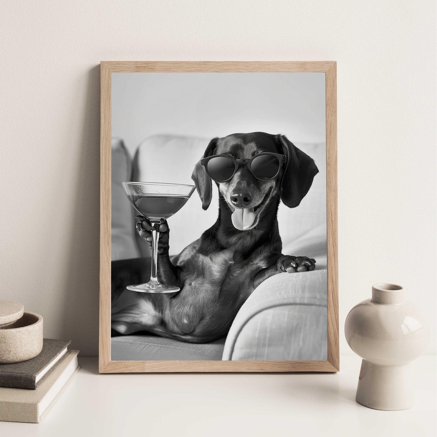 Dachshund Cocktail Print Funny Dog Martini Poster, Wiener Bar Cart Decor - Black and White Wall Art