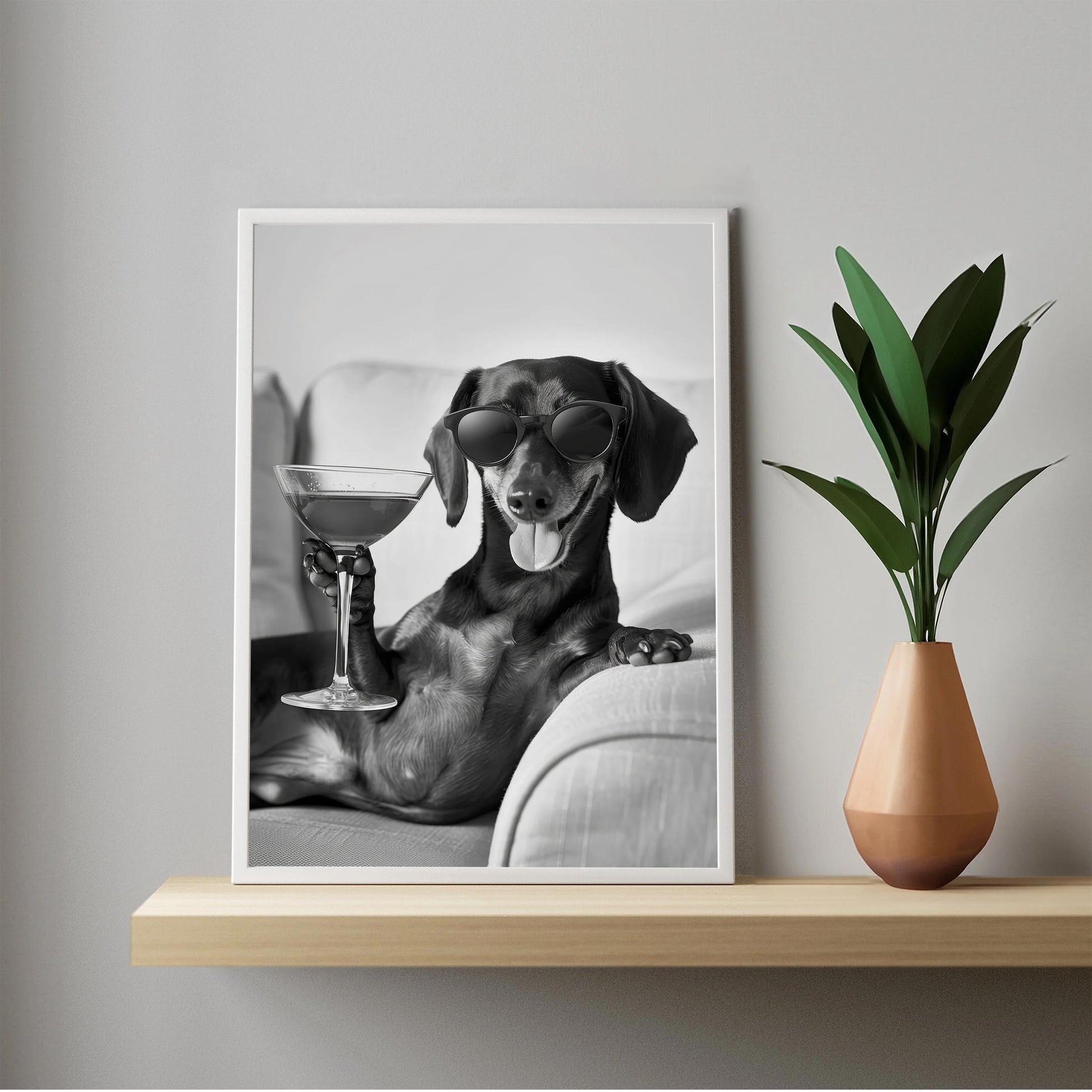 Dachshund Cocktail Print Funny Dog Martini Poster, Wiener Bar Cart Decor - Black and White Wall Art