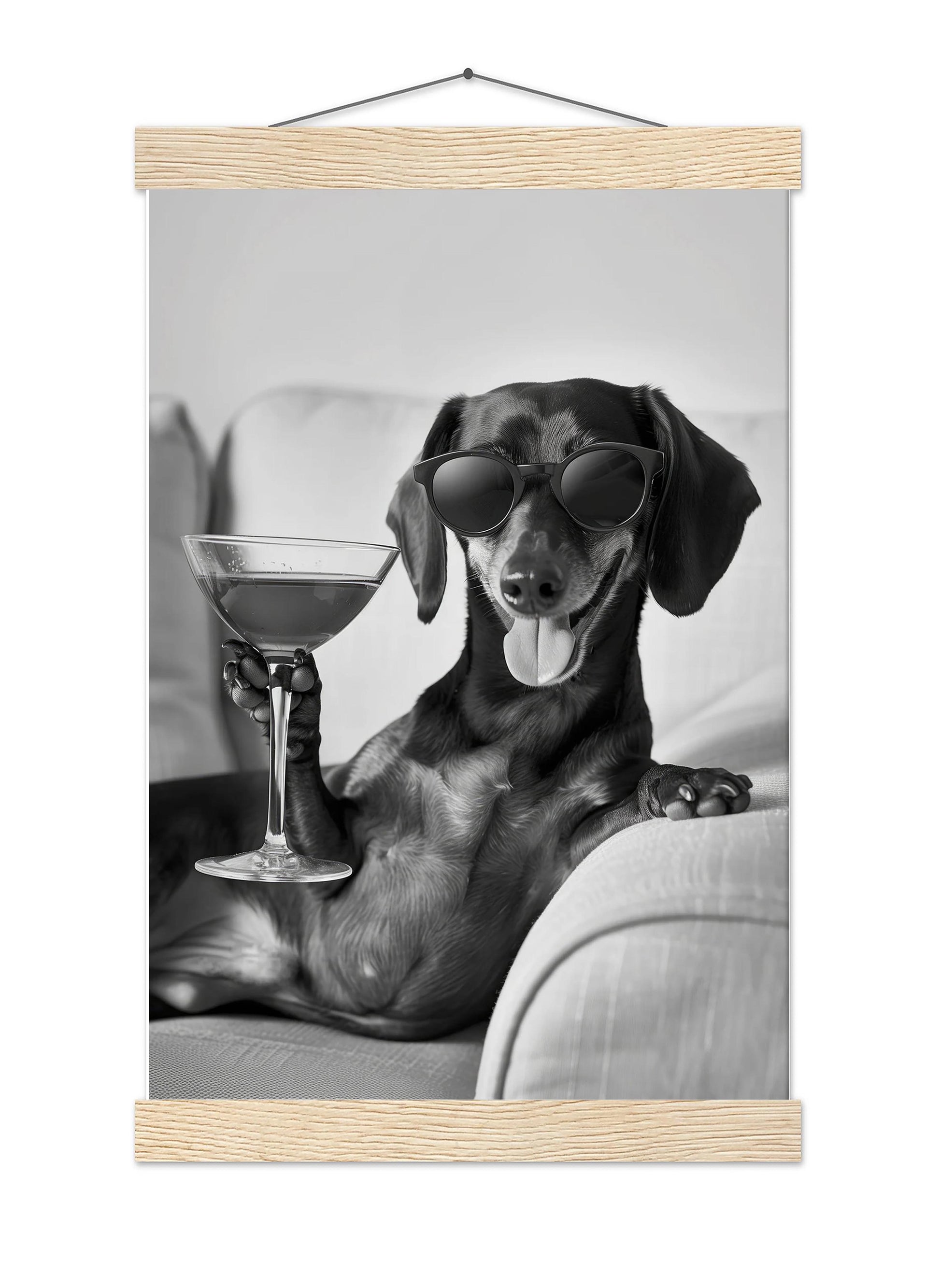 Dachshund Cocktail Print Funny Dog Martini Poster, Wiener Bar Cart Decor - Black and White Wall Art
