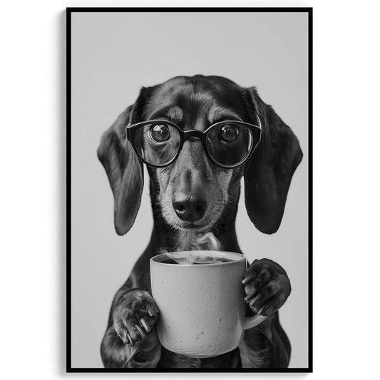 Dachshund Coffee Print Coffee Bar Decor, Funny Wiener Dog Poster, Kitchen Wall Art - Black and White Print