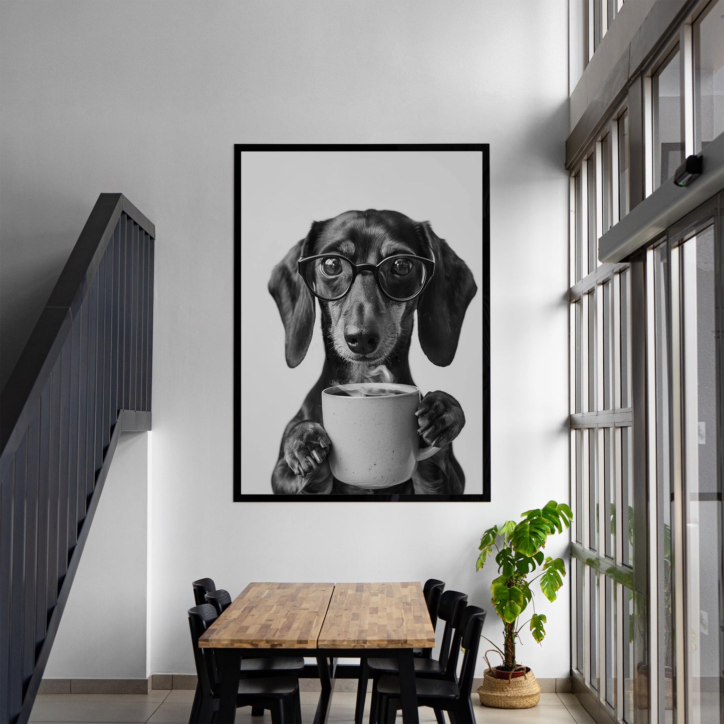 Dachshund Coffee Print Coffee Bar Decor, Funny Wiener Dog Poster, Kitchen Wall Art - Black and White Print