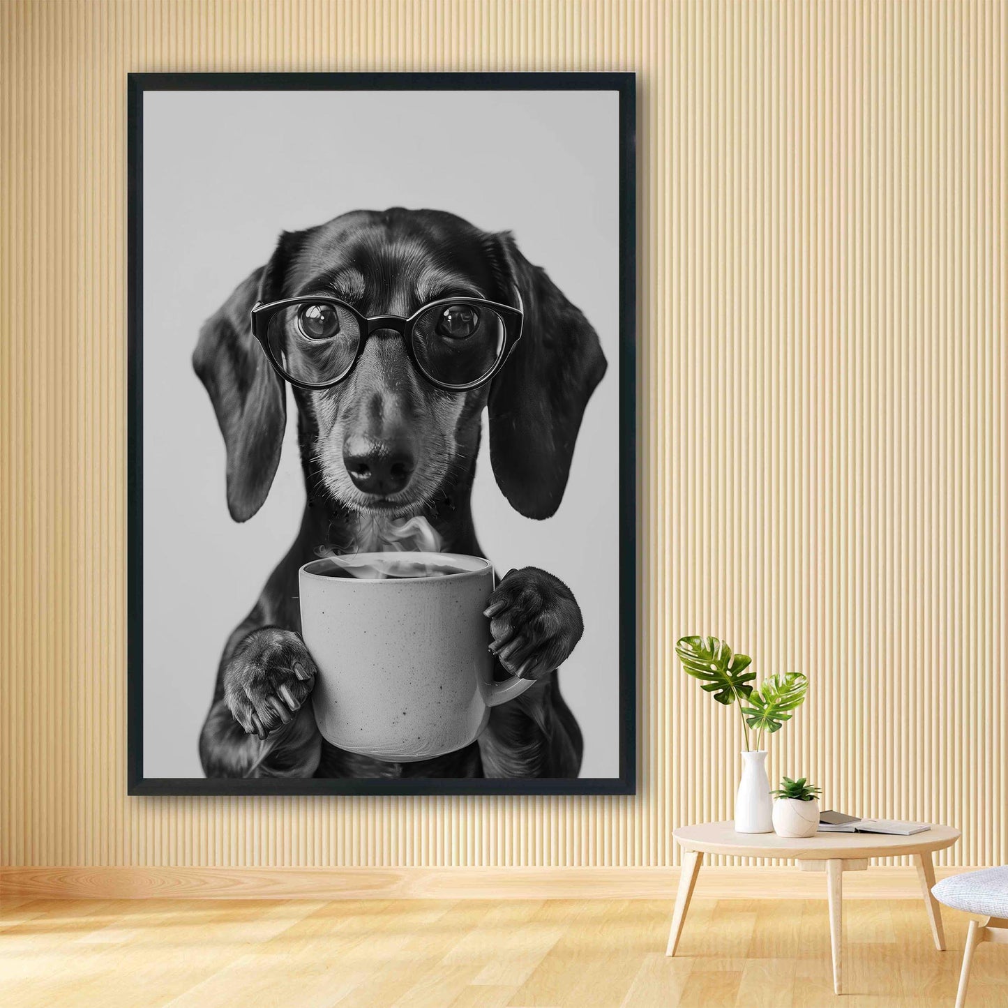 Dachshund Coffee Print Coffee Bar Decor, Funny Wiener Dog Poster, Kitchen Wall Art - Black and White Print