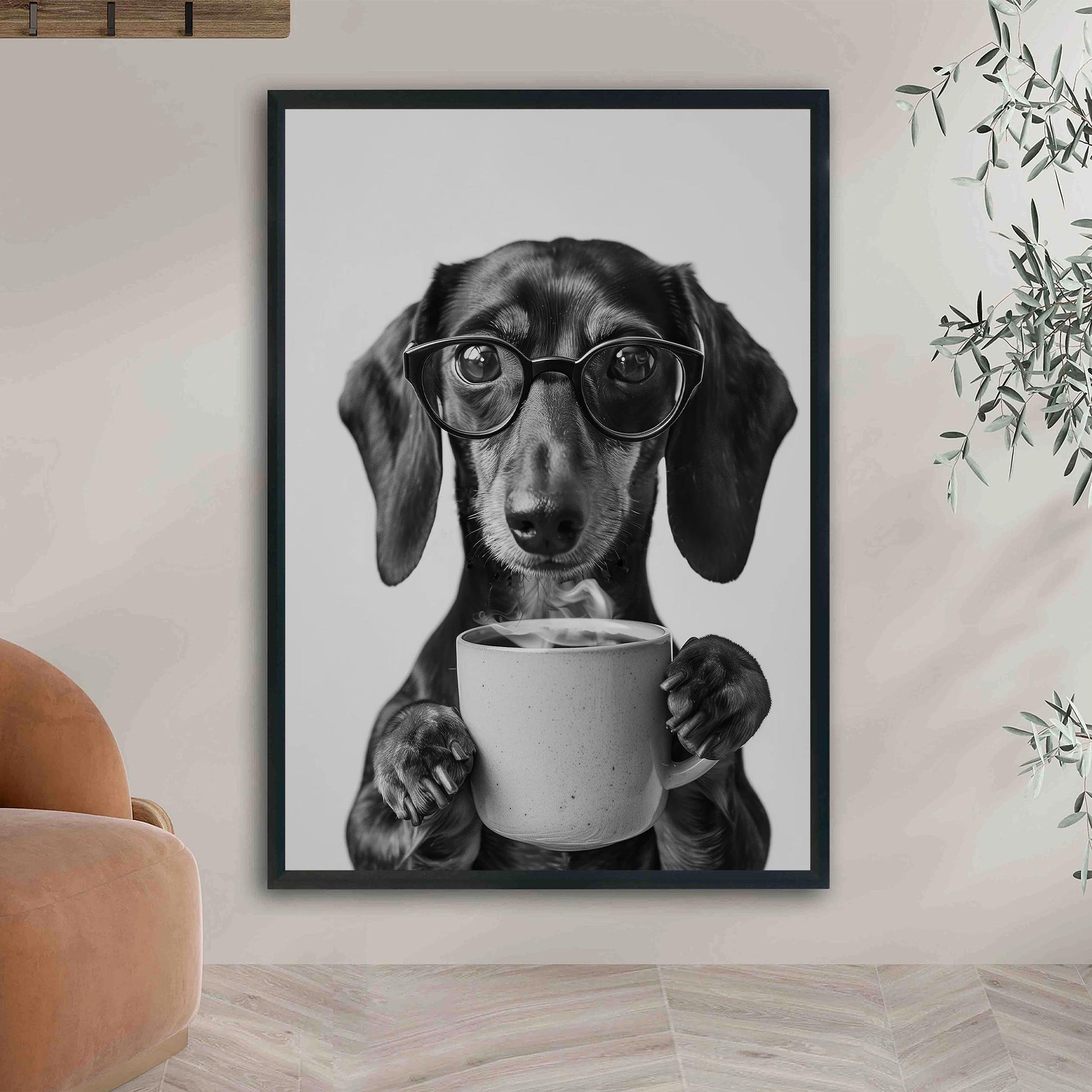 Dachshund Coffee Print Coffee Bar Decor, Funny Wiener Dog Poster, Kitchen Wall Art - Black and White Print