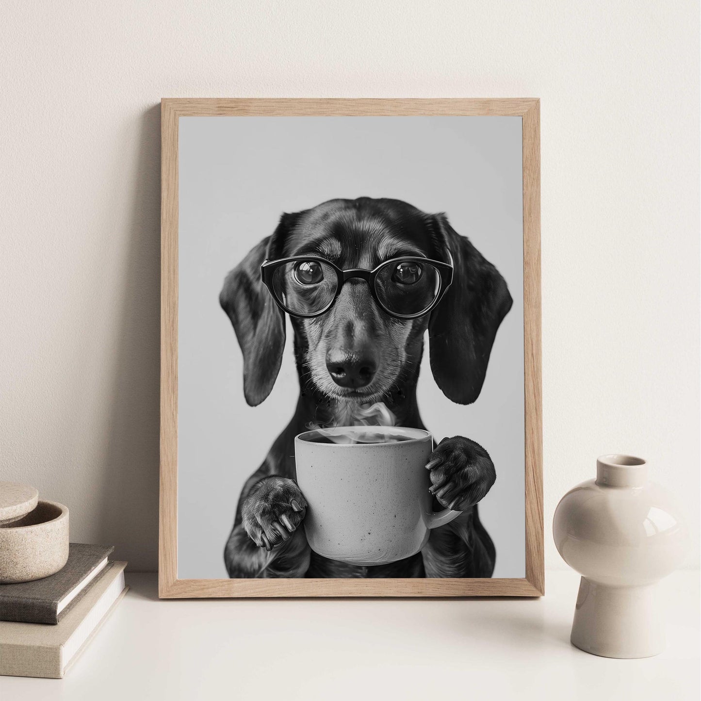 Dachshund Coffee Print Coffee Bar Decor, Funny Wiener Dog Poster, Kitchen Wall Art - Black and White Print