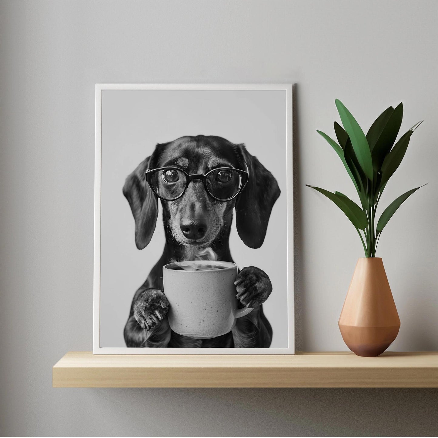Dachshund Coffee Print Coffee Bar Decor, Funny Wiener Dog Poster, Kitchen Wall Art - Black and White Print