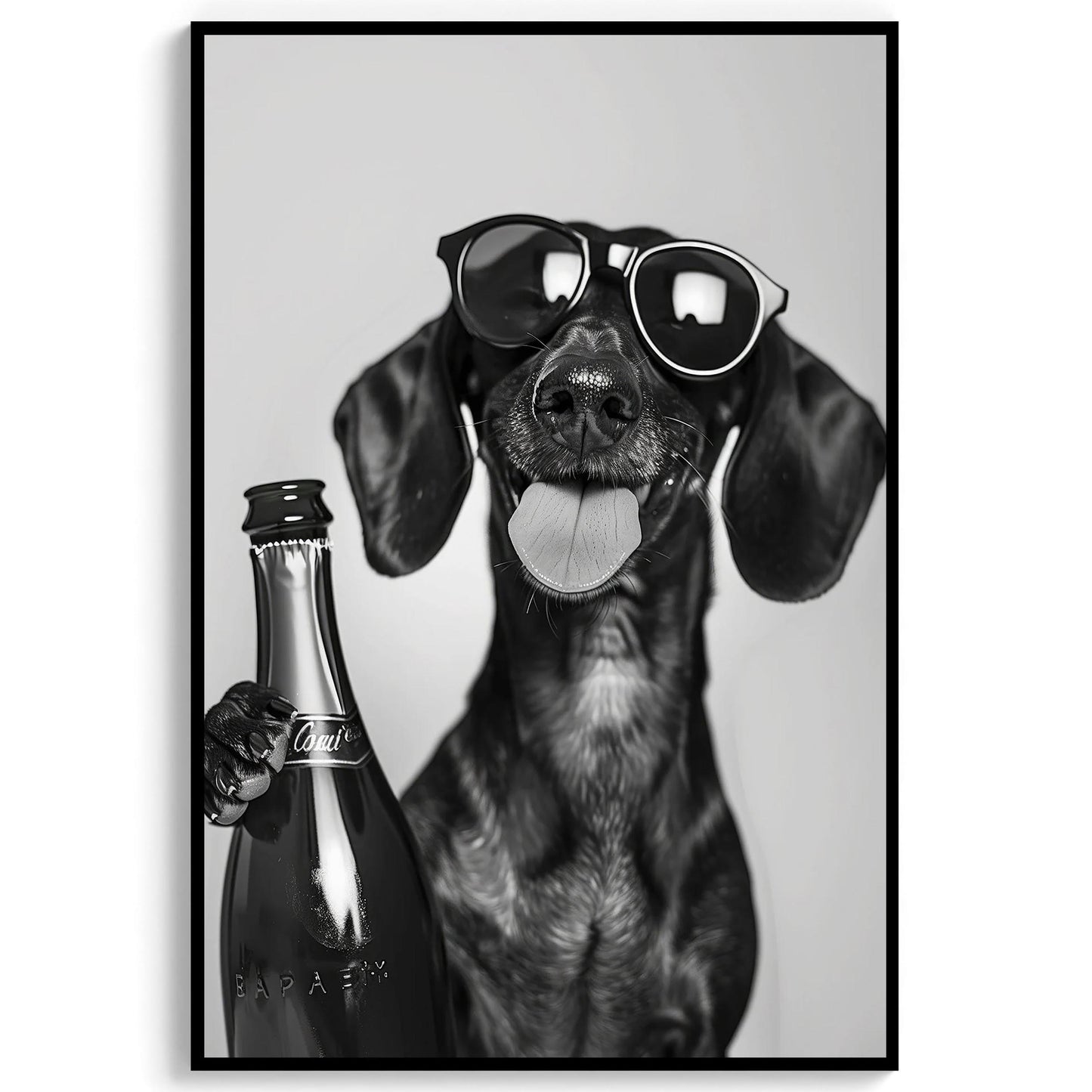 Dachshund Drinking Champagne Print Bar Cart Print, Funny Dog Poster - Trendy Black and White Wall Art