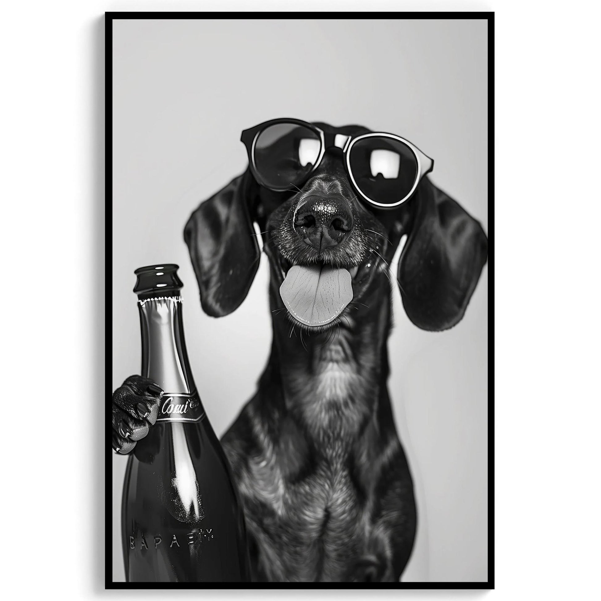 Dachshund Drinking Champagne Print Bar Cart Print, Funny Dog Poster - Trendy Black and White Wall Art