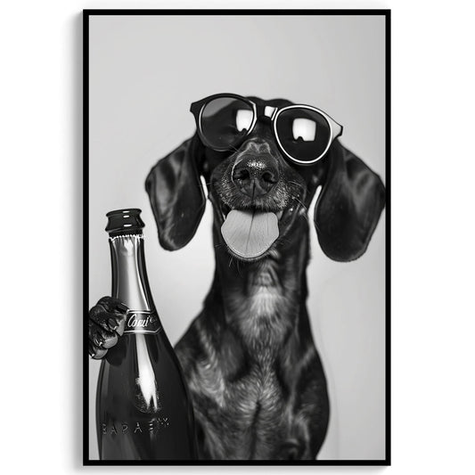 Dachshund Drinking Champagne Print Bar Cart Print, Funny Dog Poster - Trendy Black and White Wall Art
