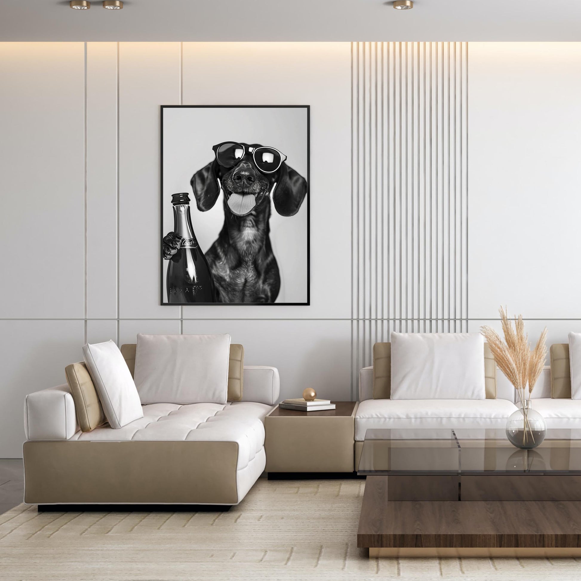 Dachshund Drinking Champagne Print Bar Cart Print, Funny Dog Poster - Trendy Black and White Wall Art