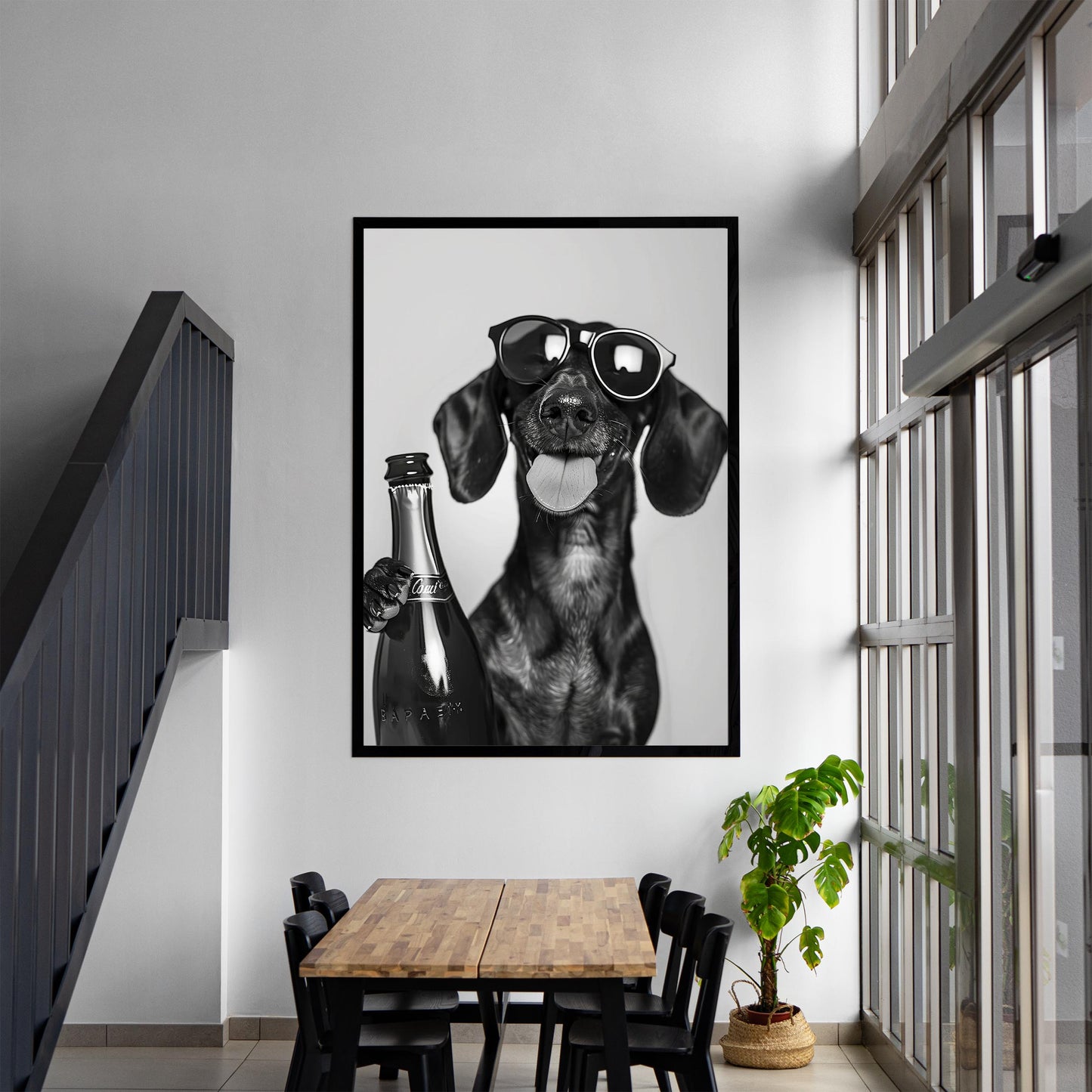 Dachshund Drinking Champagne Print Bar Cart Print, Funny Dog Poster - Trendy Black and White Wall Art