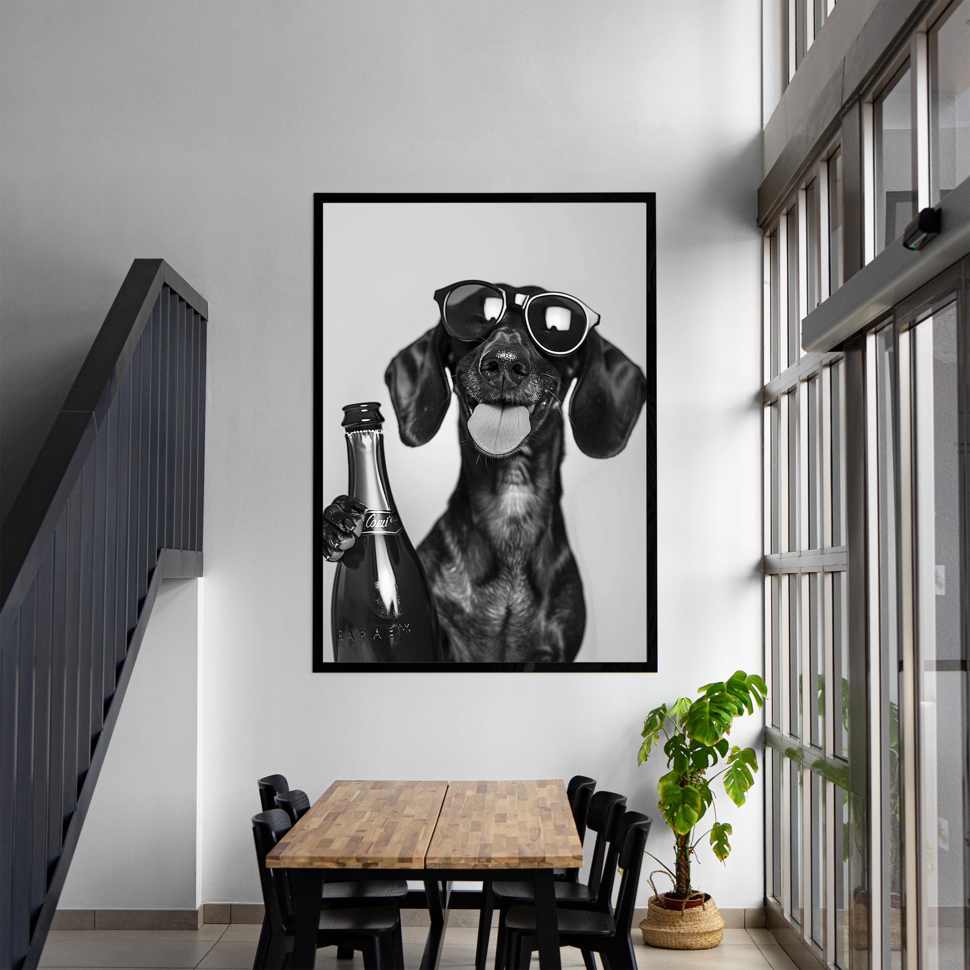 Dachshund Drinking Champagne Print Bar Cart Print, Funny Dog Poster - Trendy Black and White Wall Art