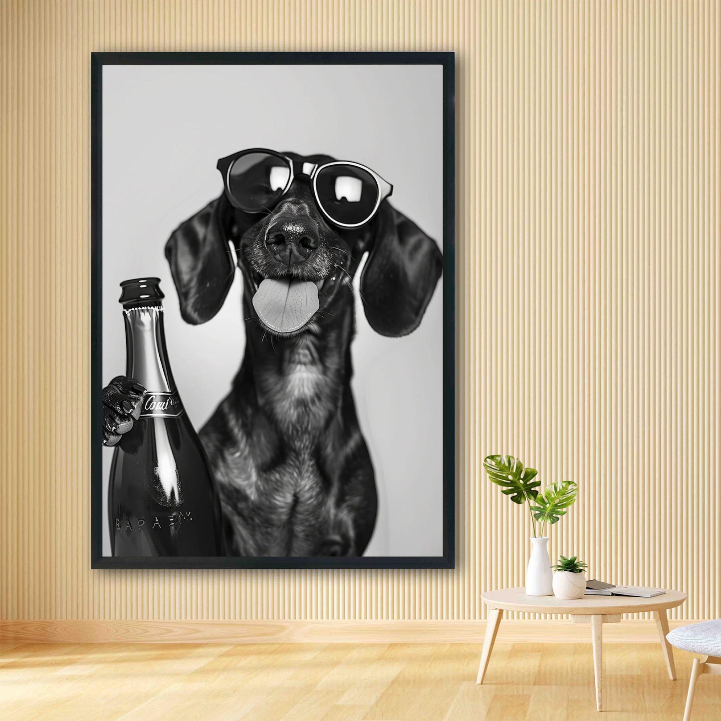 Dachshund Drinking Champagne Print Bar Cart Print, Funny Dog Poster - Trendy Black and White Wall Art