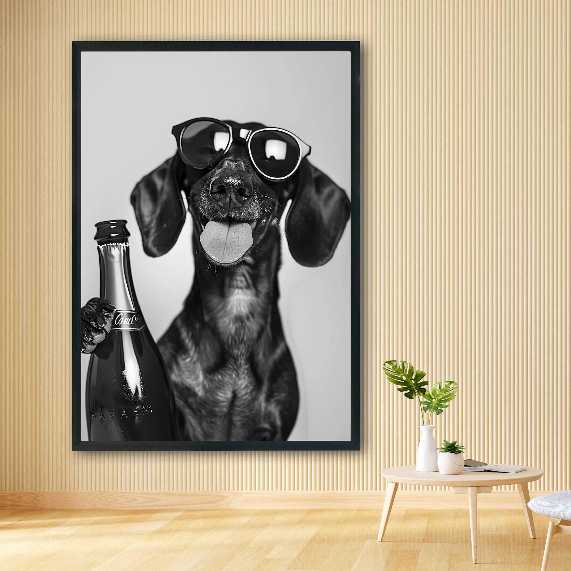 Dachshund Drinking Champagne Print Bar Cart Print, Funny Dog Poster - Trendy Black and White Wall Art
