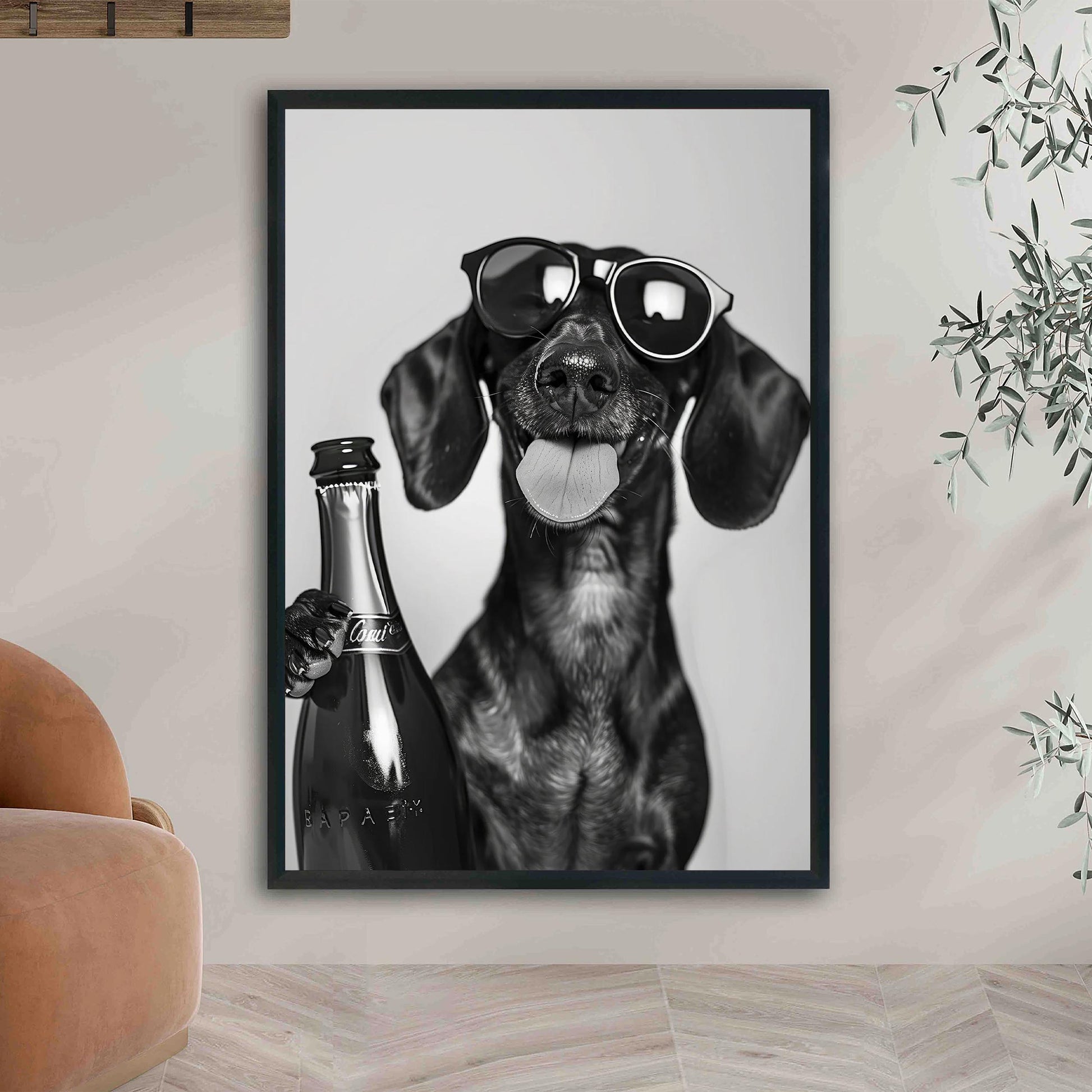 Dachshund Drinking Champagne Print Bar Cart Print, Funny Dog Poster - Trendy Black and White Wall Art
