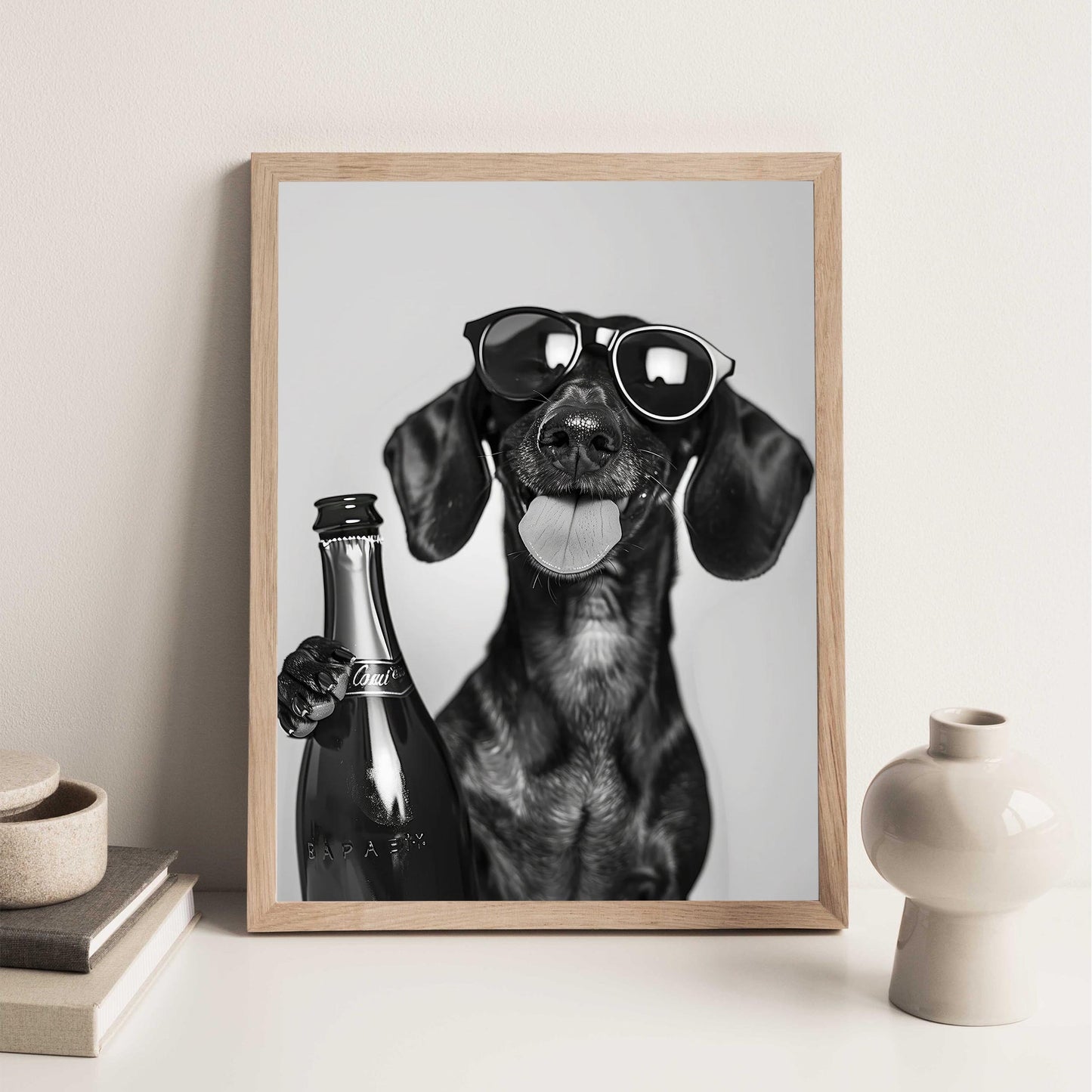 Dachshund Drinking Champagne Print Bar Cart Print, Funny Dog Poster - Trendy Black and White Wall Art