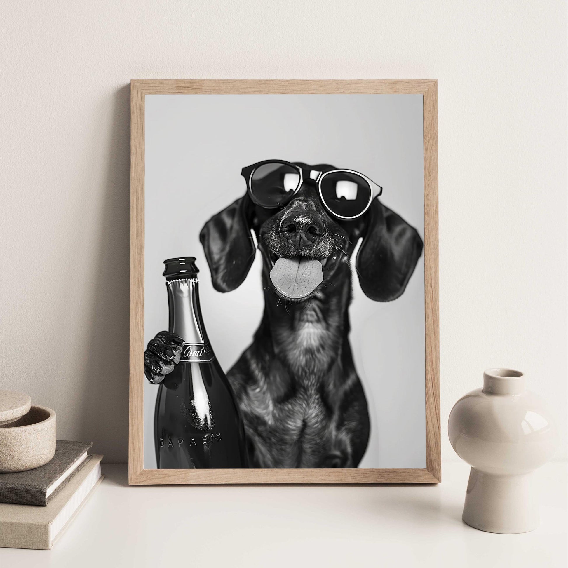 Dachshund Drinking Champagne Print Bar Cart Print, Funny Dog Poster - Trendy Black and White Wall Art