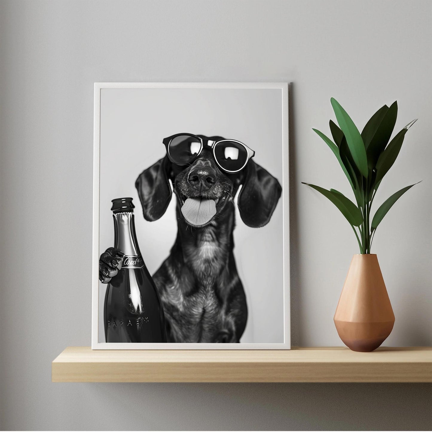 Dachshund Drinking Champagne Print Bar Cart Print, Funny Dog Poster - Trendy Black and White Wall Art