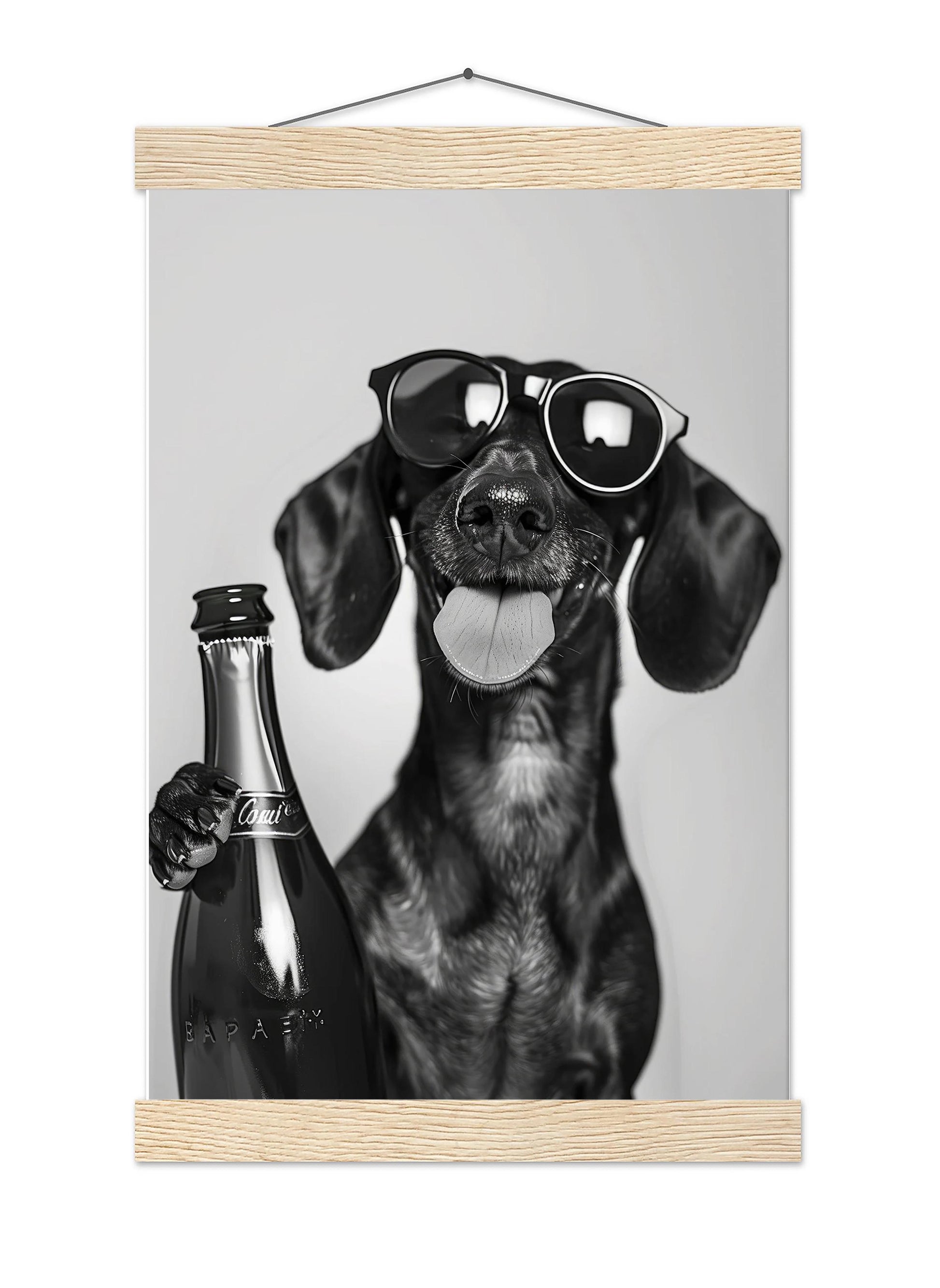 Dachshund Drinking Champagne Print Bar Cart Print, Funny Dog Poster - Trendy Black and White Wall Art