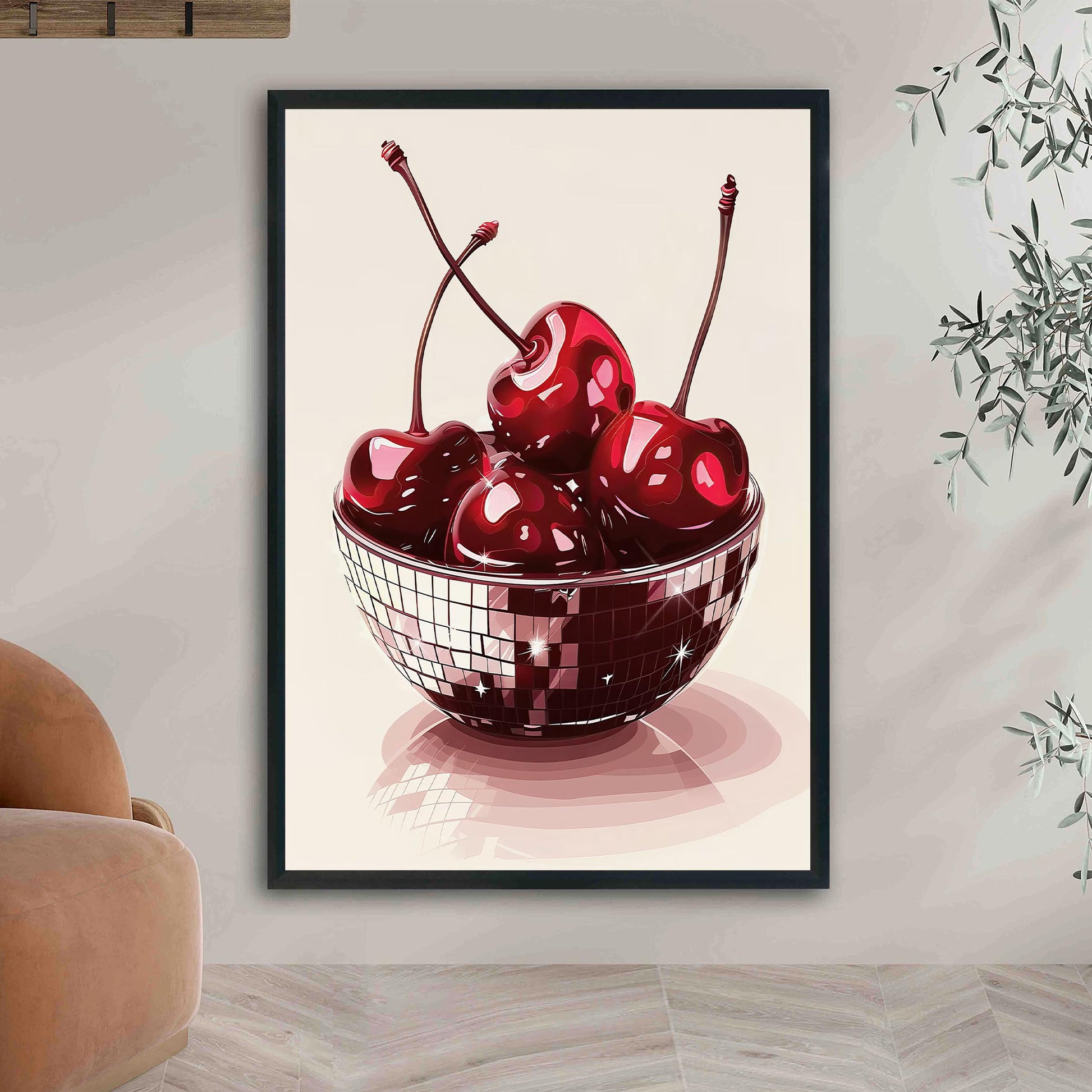 Disco Cherries Art Print, Glam Kitchen Wall Decor
