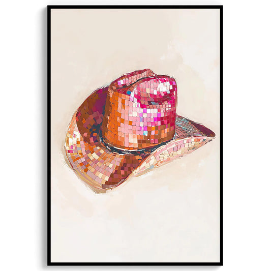 Disco Cowgirl Hat Art Print, Pink Western Glam