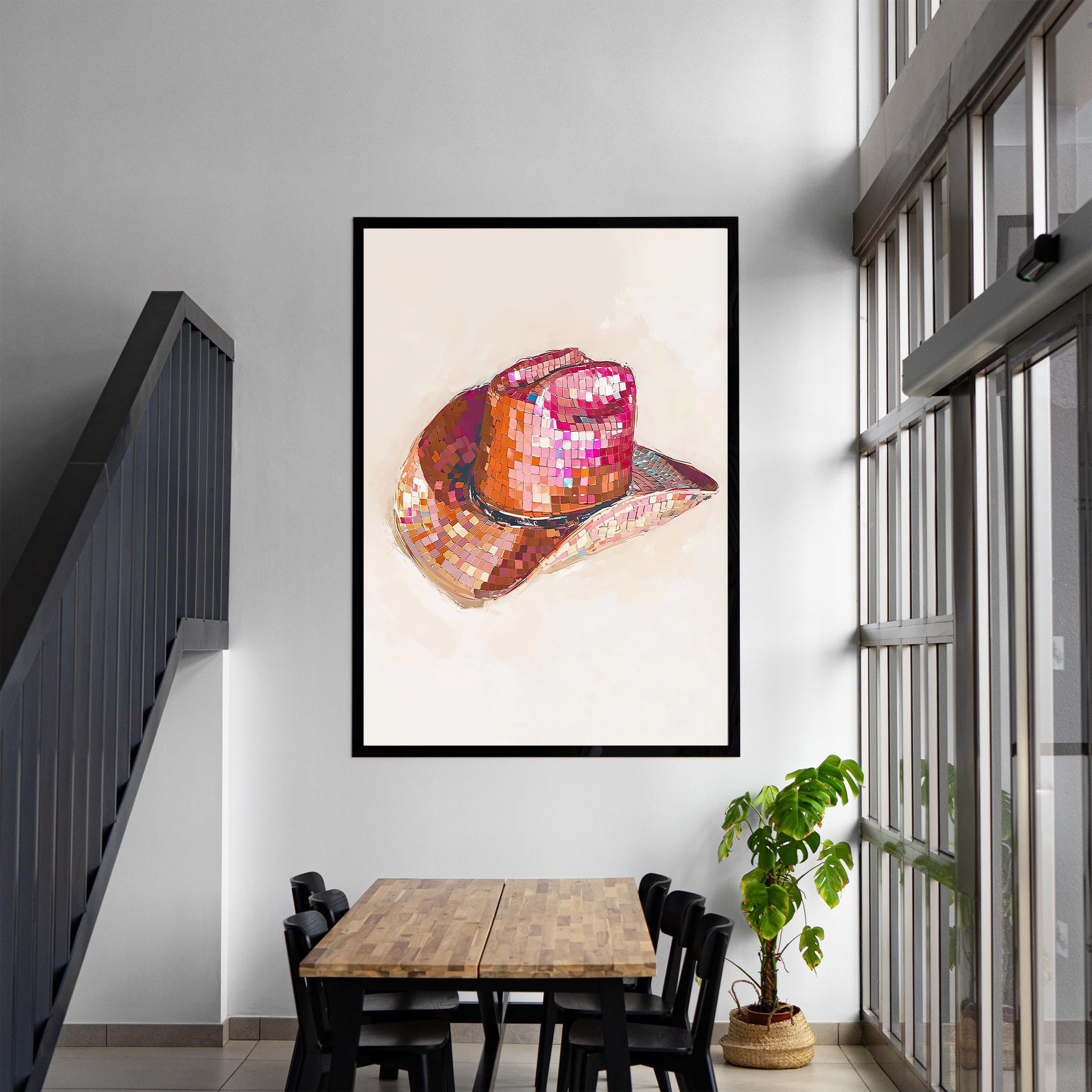 Disco Cowgirl Hat Art Print, Pink Western Glam