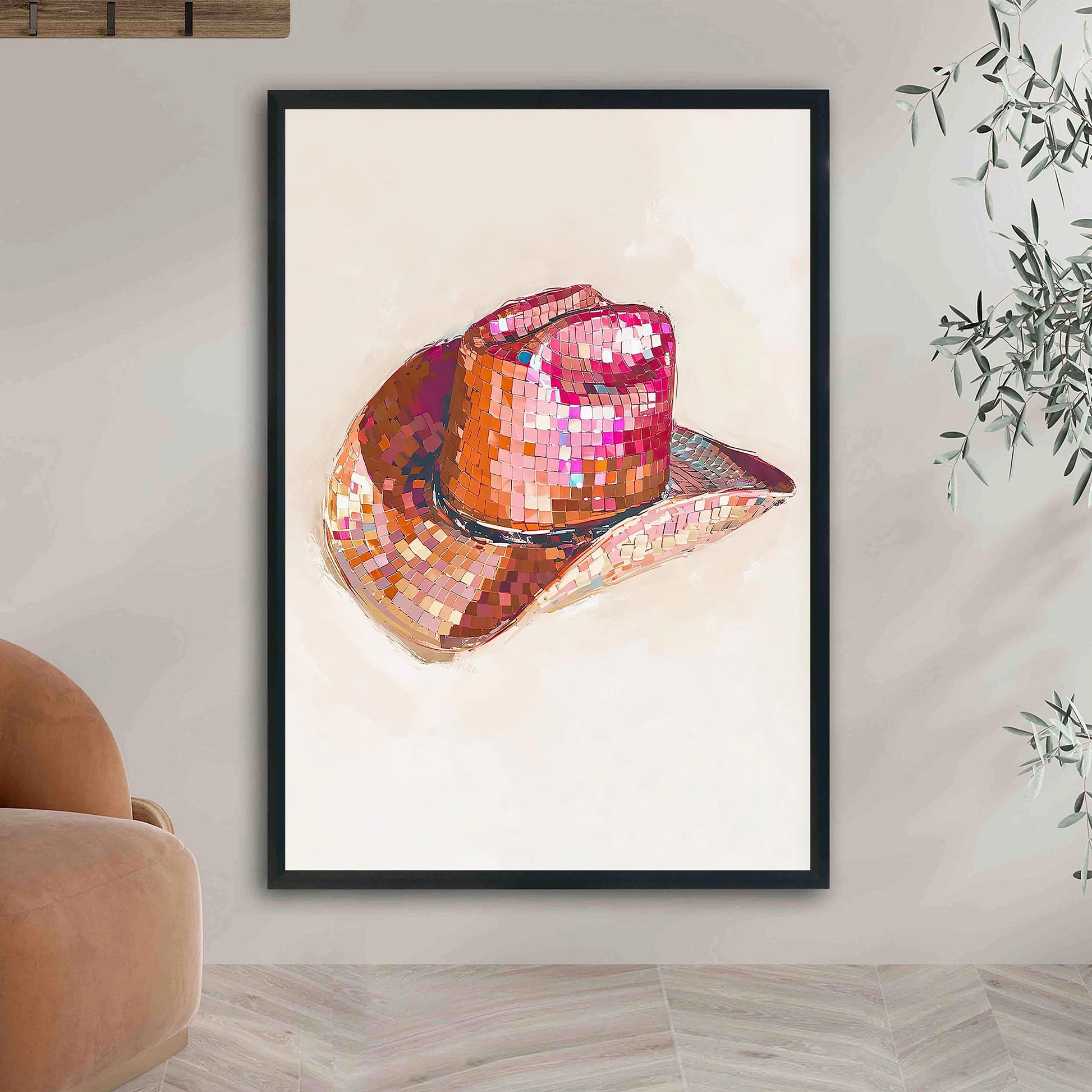 Disco Cowgirl Hat Art Print, Pink Western Glam
