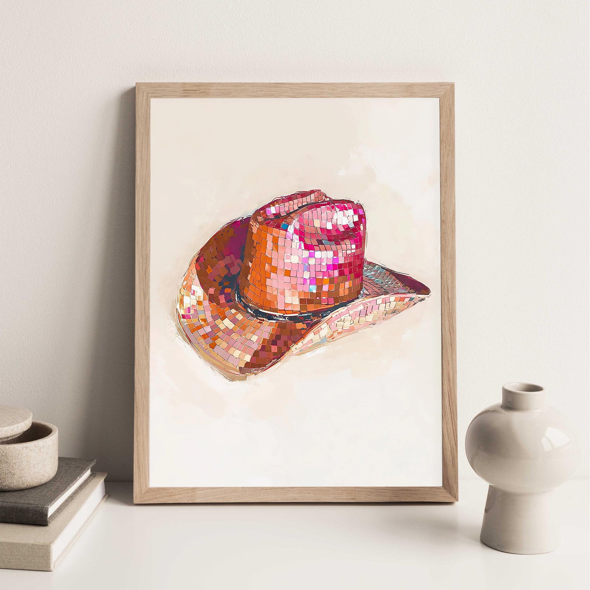 Disco Cowgirl Hat Art Print, Pink Western Glam