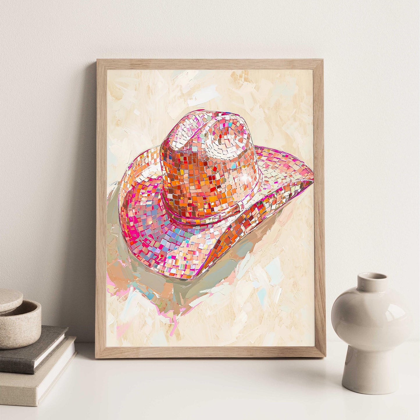 Disco Cowgirl Hat Art Print, Pink Western Glam Decor