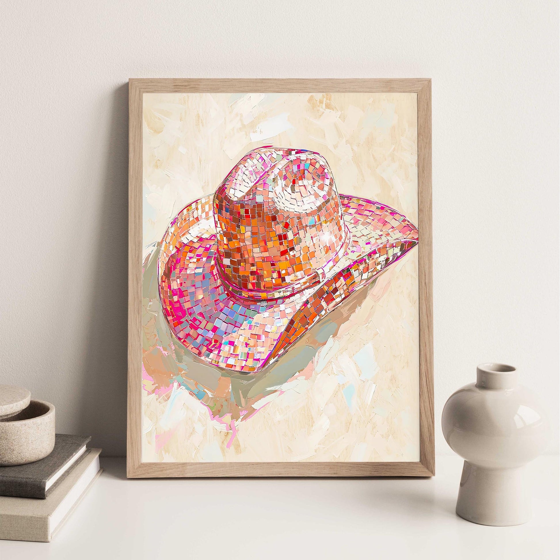 Disco Cowgirl Hat Art Print, Pink Western Glam Decor