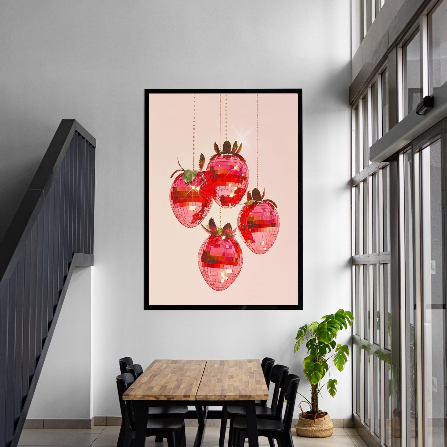 Disco Strawberries Art Print, Glam Kitchen Wall Decor