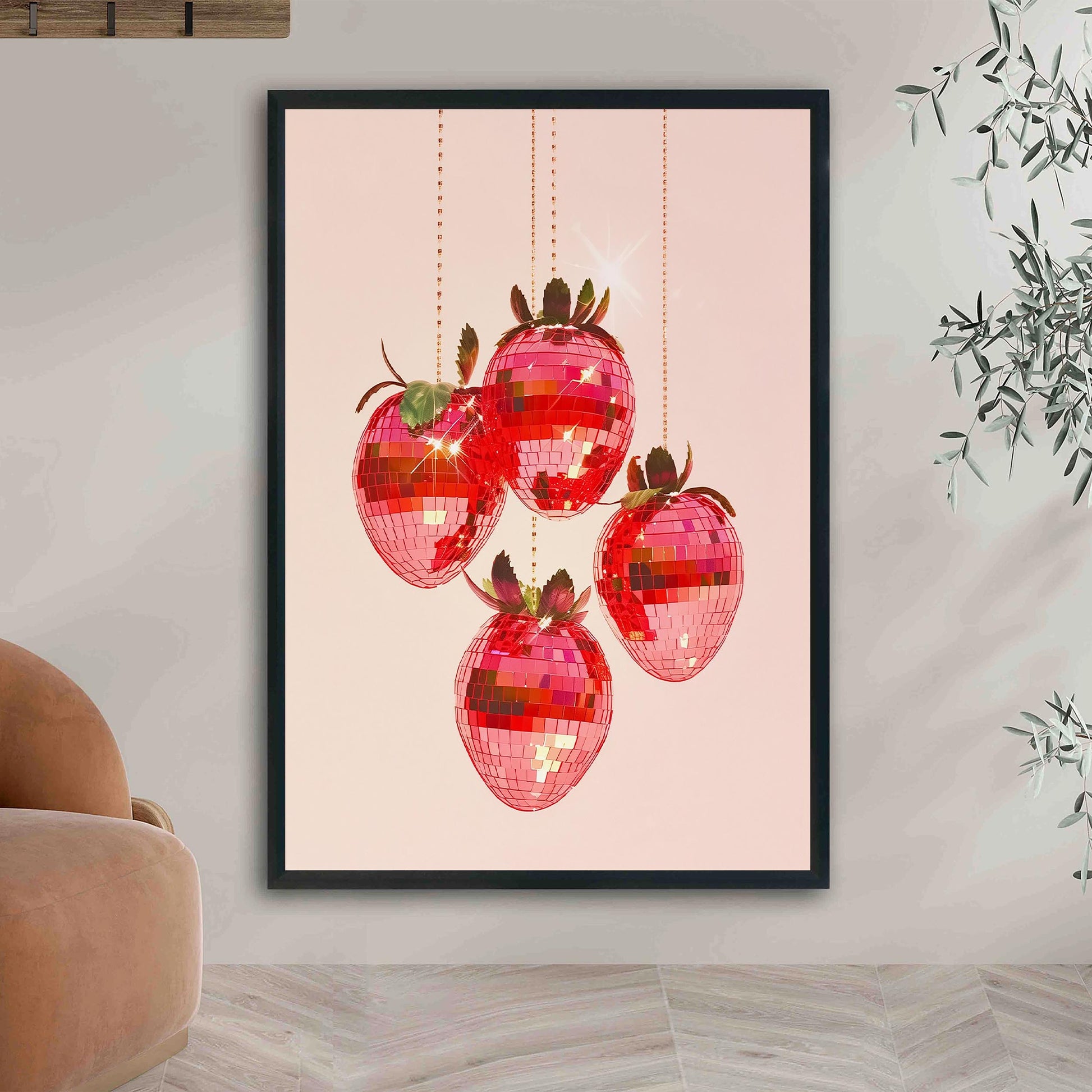 Disco Strawberries Art Print, Glam Kitchen Wall Decor