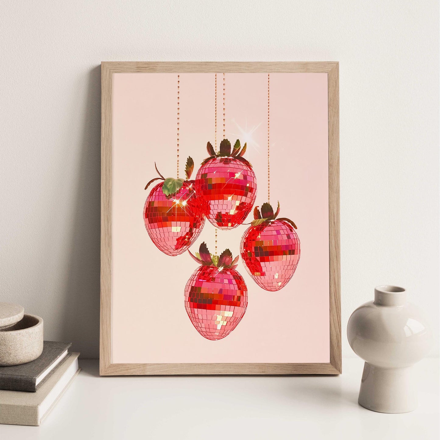 Disco Strawberries Art Print, Glam Kitchen Wall Decor