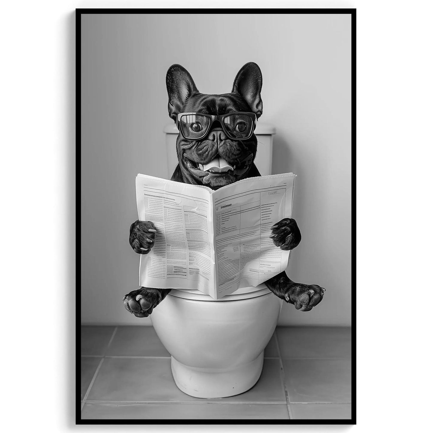 French Bulldog Bathroom Wall Art Funny Black Frenchie on Toilet Print, Black and White Dog Reading Newsp