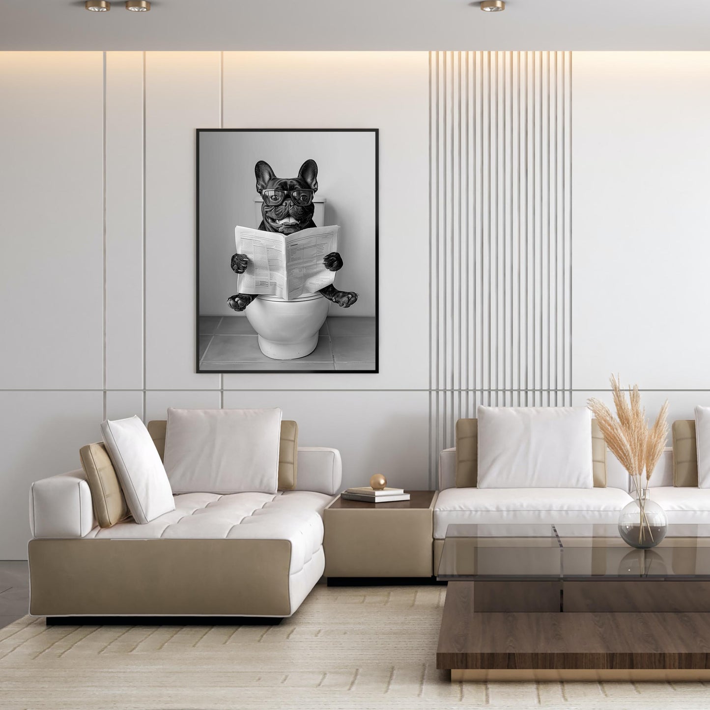 French Bulldog Bathroom Wall Art Funny Black Frenchie on Toilet Print, Black and White Dog Reading Newsp