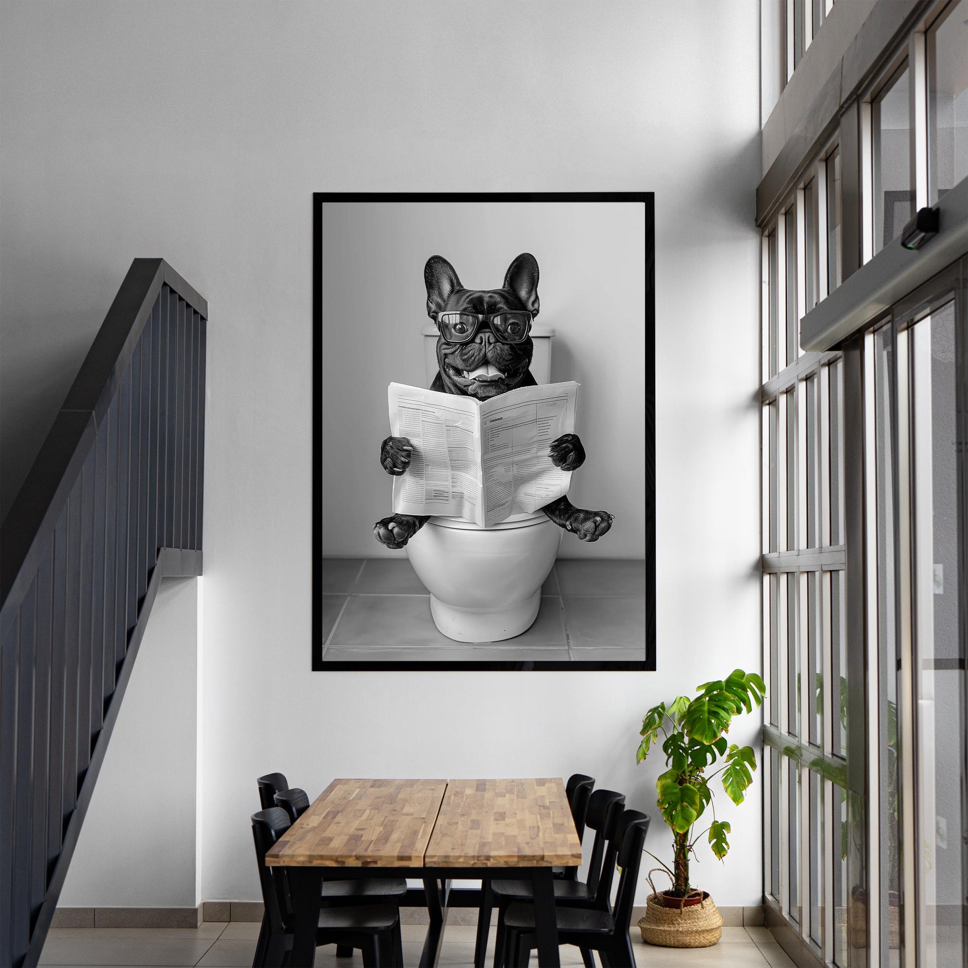 French Bulldog Bathroom Wall Art Funny Black Frenchie on Toilet Print, Black and White Dog Reading Newsp